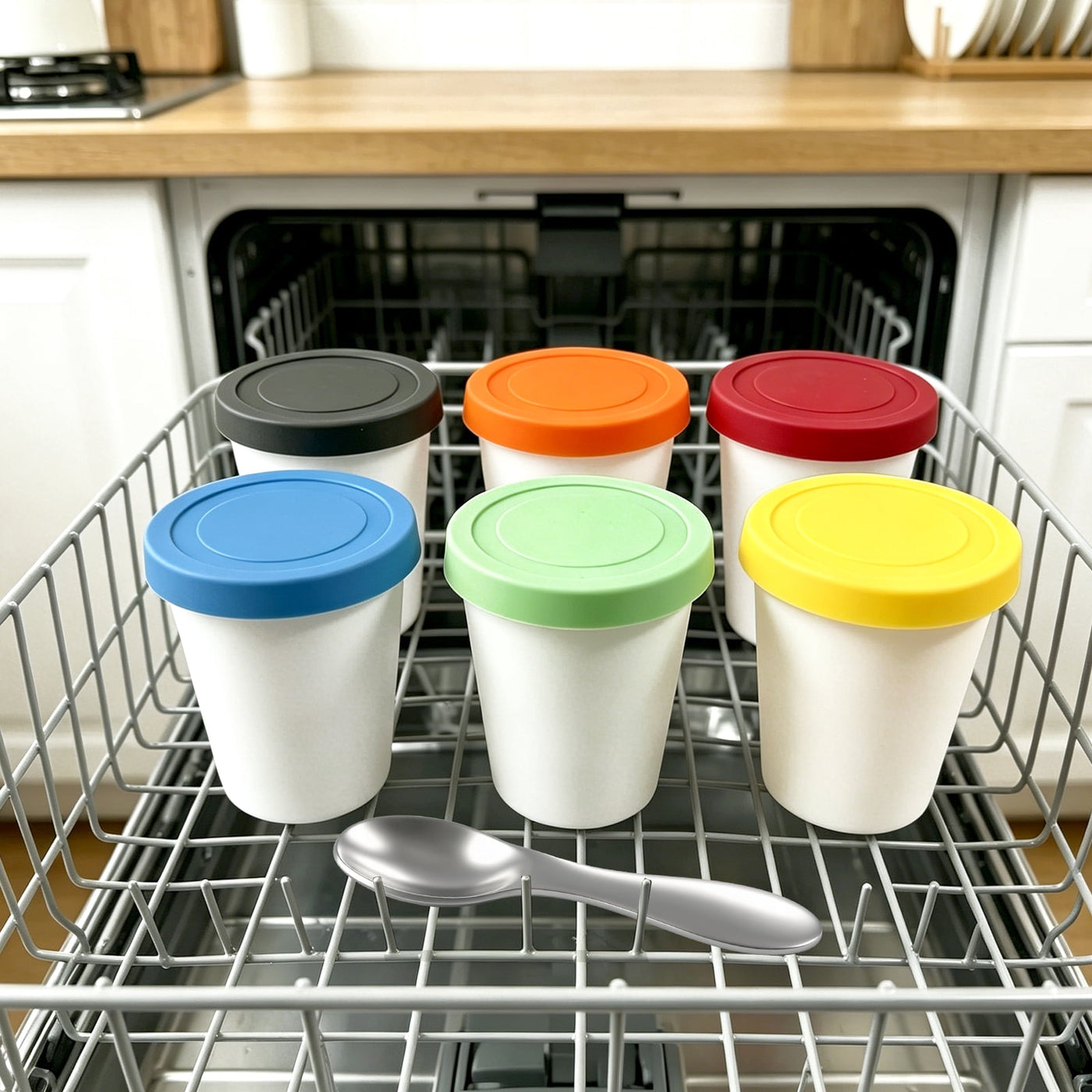 6-Pack Ice Cream Containers for Homemade, 1 Quart Freezer Storage Tubs with Silicone Lids and Spoon, Reusable PP Plastic Leak-free Ice Cream Tubs for