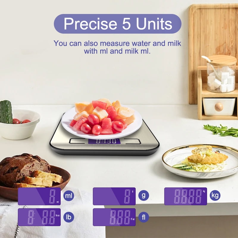 Food Scale for Kitchen, 22lb/10kg Digital Food Kitchen Scale Stainless Steel with 5 Units, LCD Display Digital Scales for Coffee, Baking, Cooking