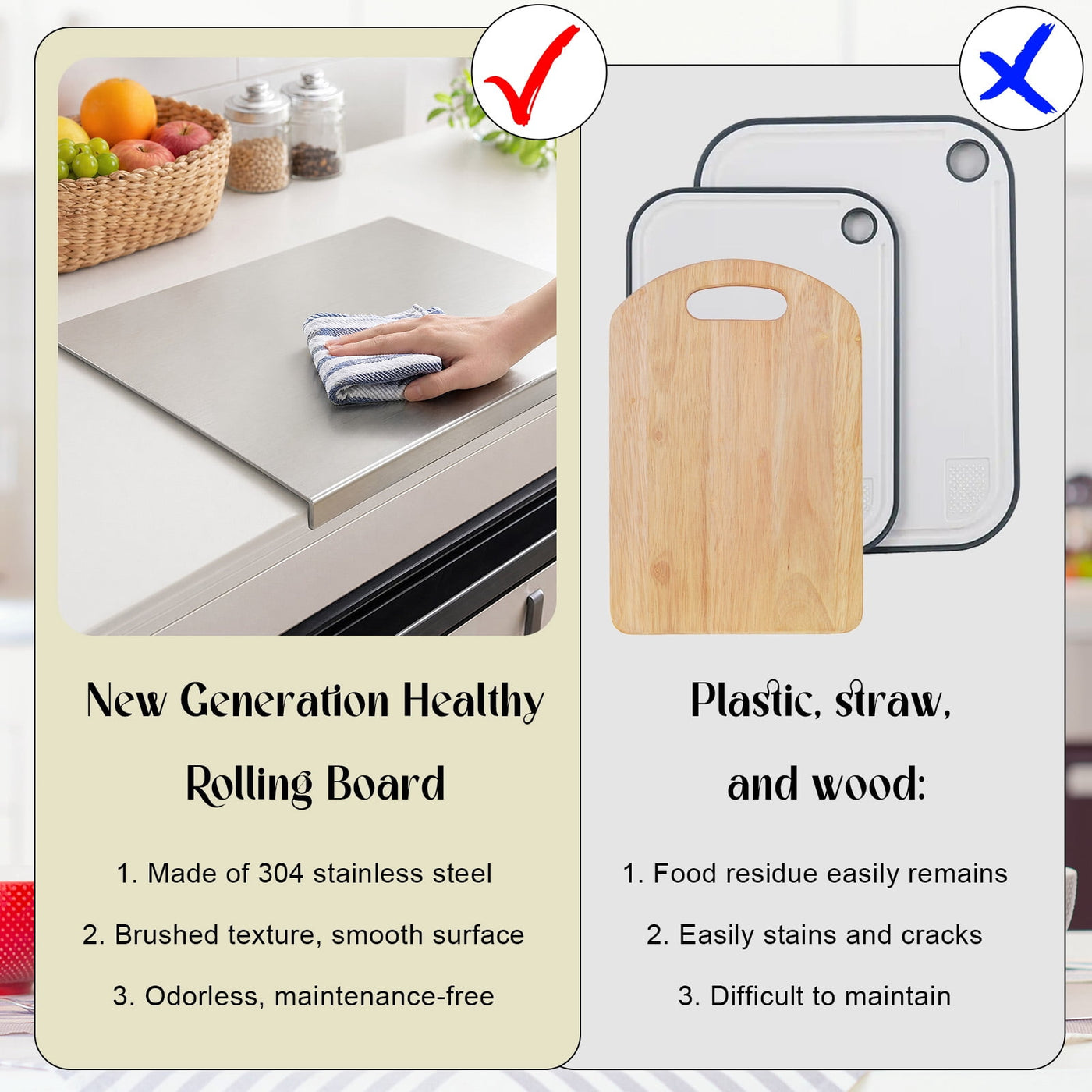 Food Grade Stainless Steel Cutting Boards for Kitchen, Large Baking Cutting Boards with Counter Lip and 10 Double-sided Stickers for Meat, Fruits