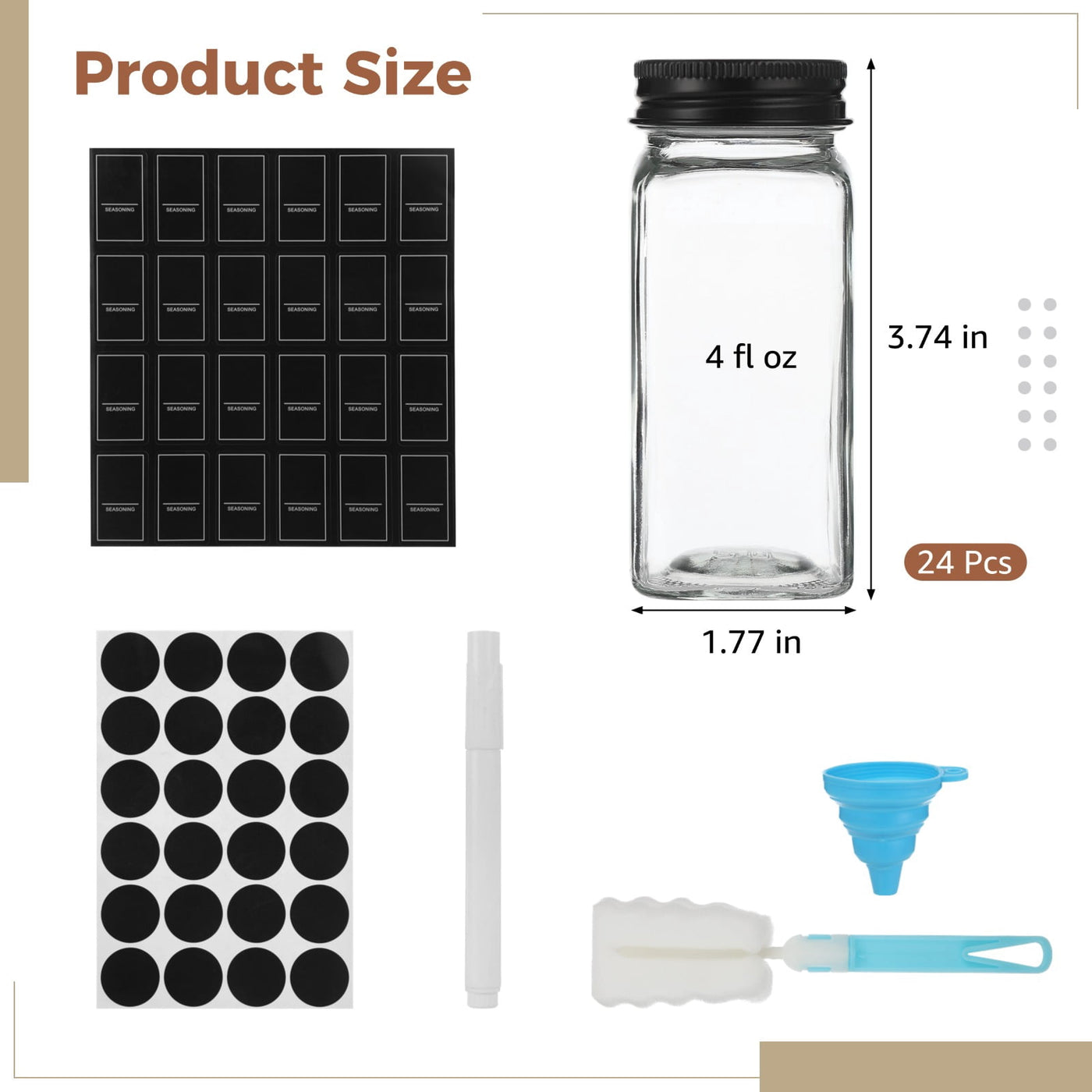 24-Pack 4 Fl Oz Square Glass Spice Jars with 24 Shaker Inserts, Airtight Lids, and Comprehensive Label Set
