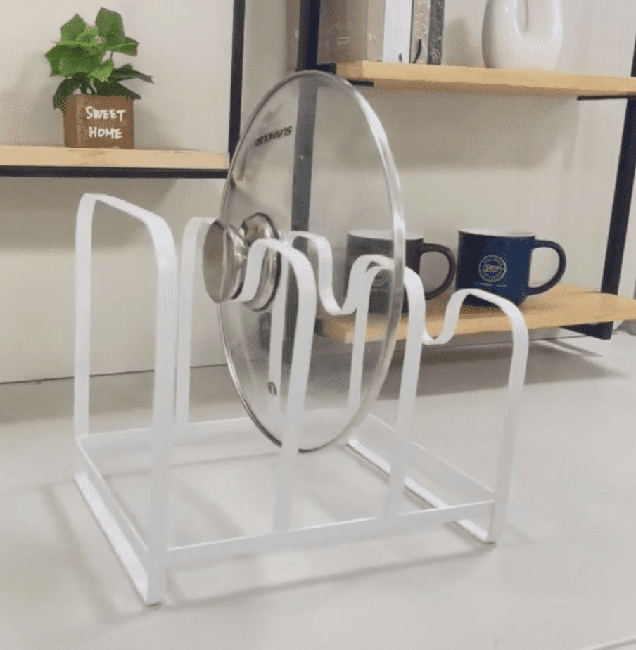 Metal Pot Lid Organizer Rack, U-shape Pan Lid Holder for Kitchen Cabinet, Countertop or Pantry Storage, White