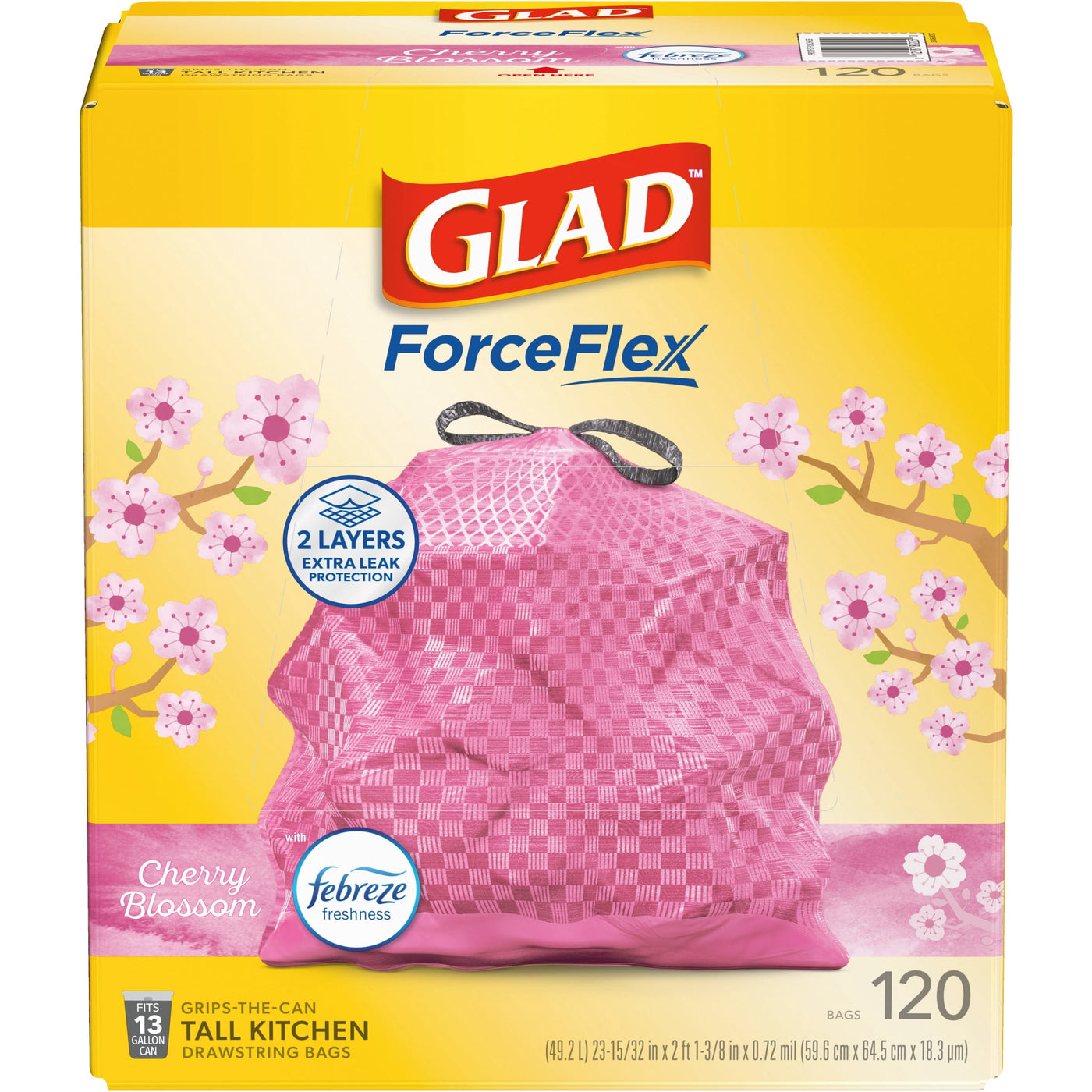 Forceflex Tall Kitchen Drawstring Trash Bags, 13 Gallon, Pink, Cherry Blossom, 120 Count, for Everyday Home Kitchen Cooking, Storage and Organization