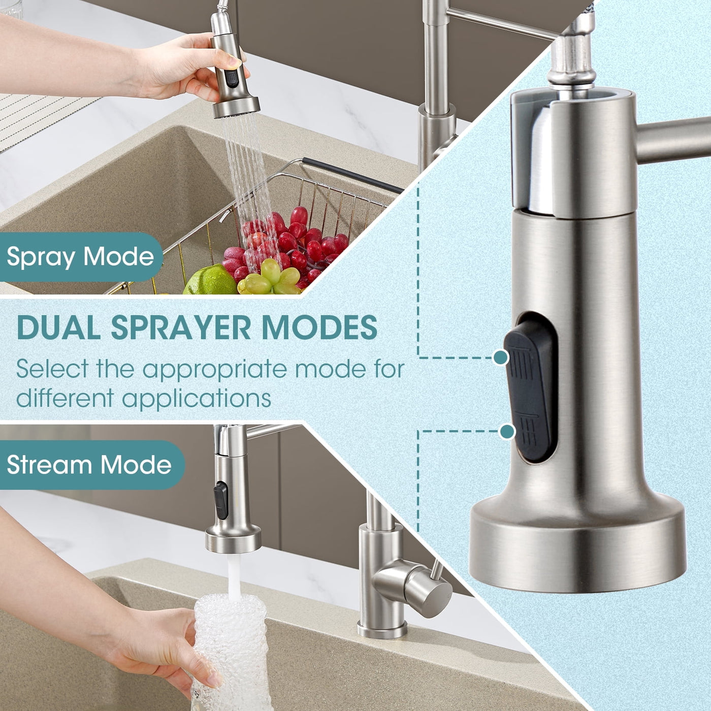 Sanitary Ware 304 Stainless Steel Kitchen Faucet with Pull Out Sprayer, 2 Water Modes Single Handle Kitchen Sink Faucets with Deck Plate for Laundry