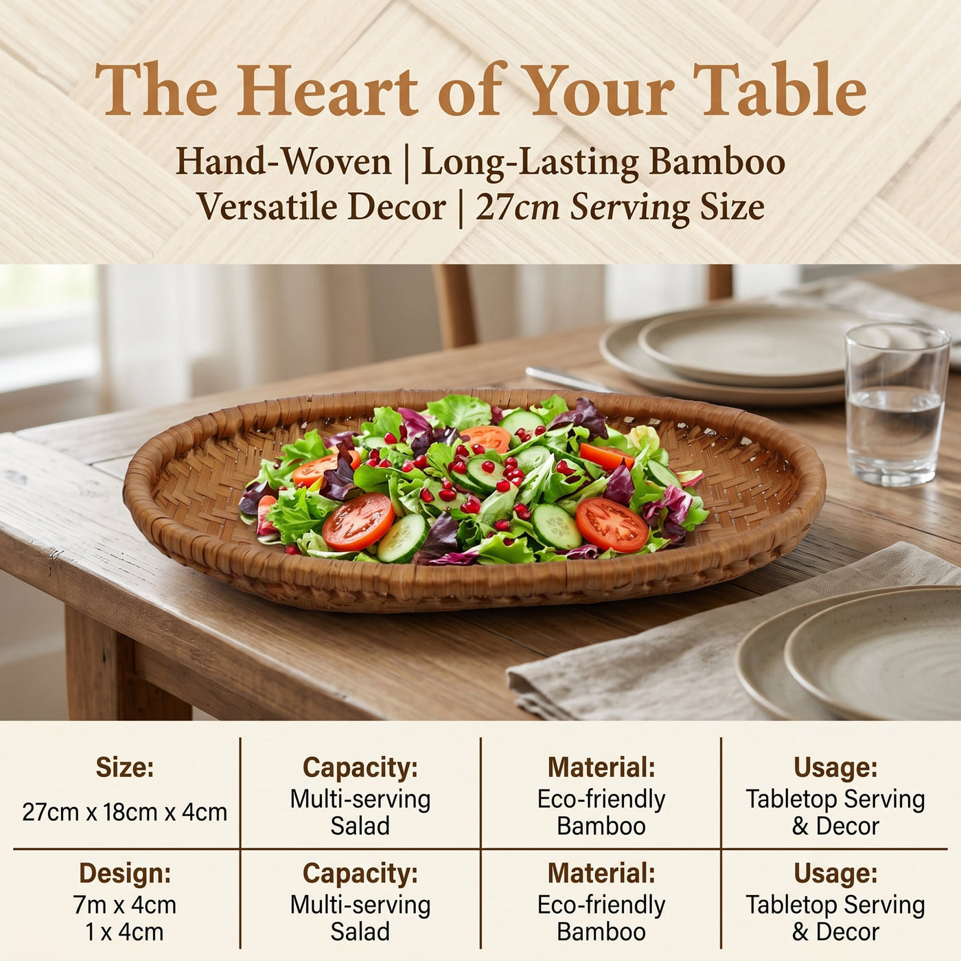 Rattan Serving Tray Woven Rectangular Bamboo Basket Brown 9.8*6.3*1.6inch, for Everyday Home Kitchen Cooking, Storage and Organization