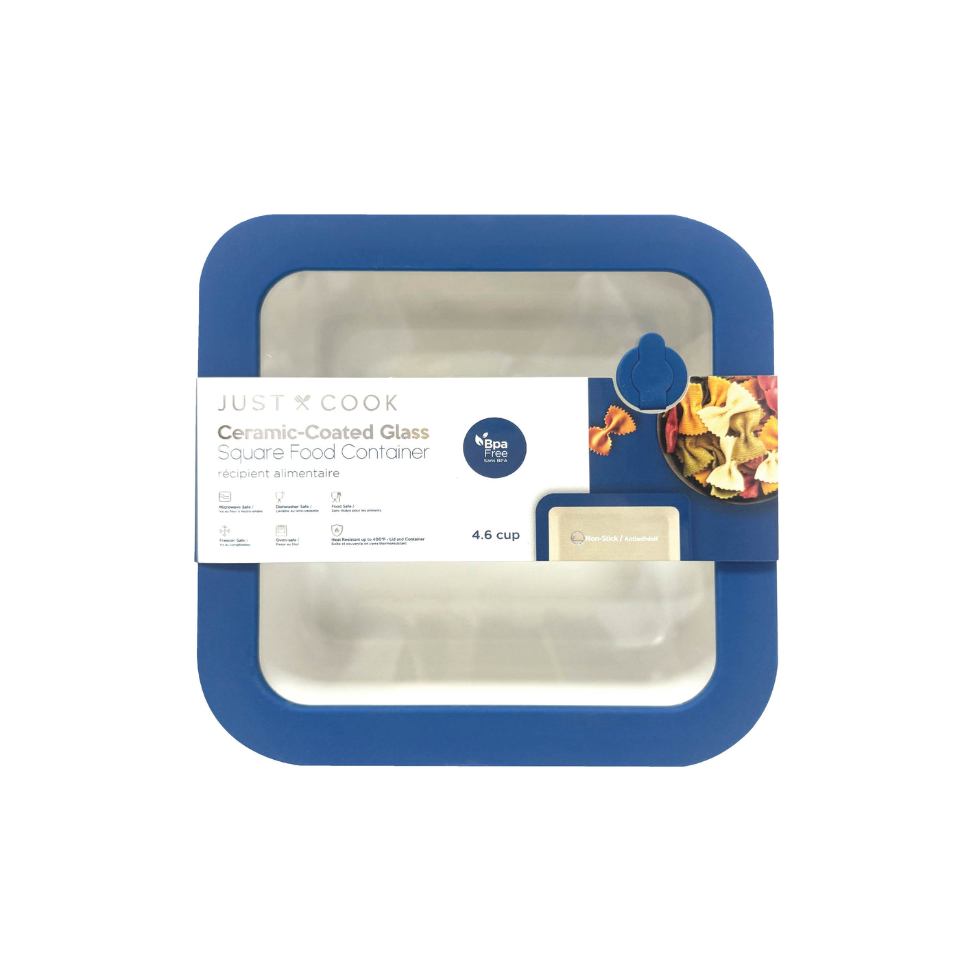 Just Cook Ceramic Glass 4.94-Cup Square Food Storage Container for Meal Prep and Leftovers, Large, for Pantry Organization