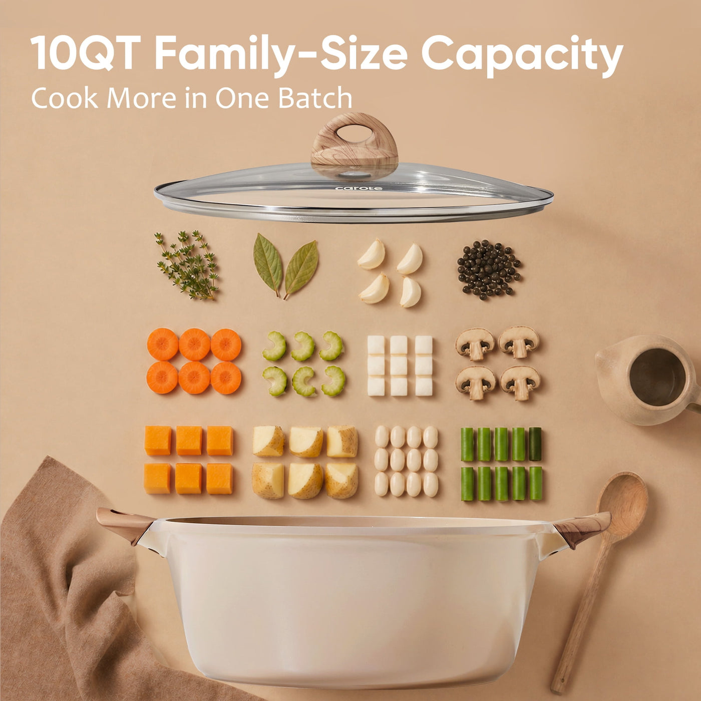 Nonstick Ceramic Nonstick Dutch Oven, Non Toxic Stockpot with Lid, Easy to Clean, All Stoves Compatible, 10QT, Taupe