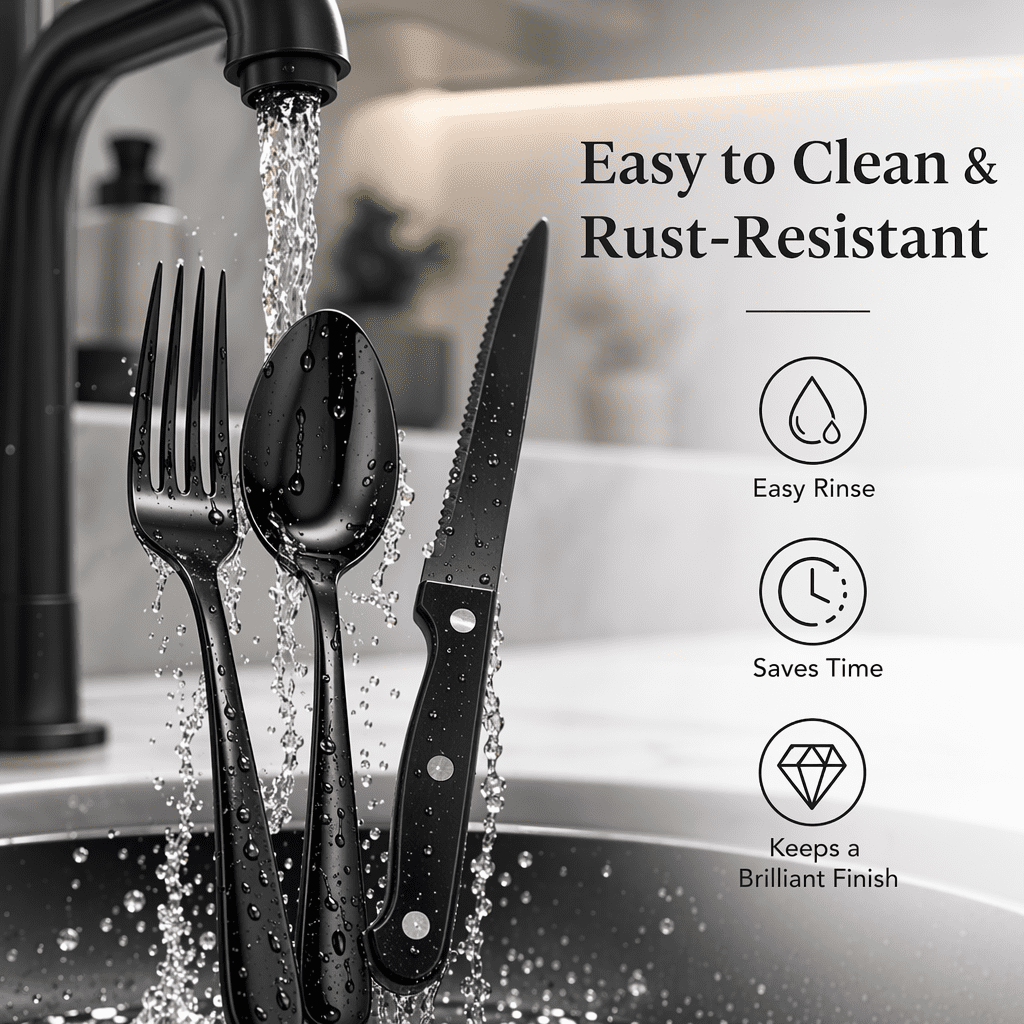 24-Piece Silverware Set, Mirror Polish Stainless Steel Flatware Set. Includes Steak Knives, Dishwasher Safe for Home and Restaurant, Gifts, Black.
