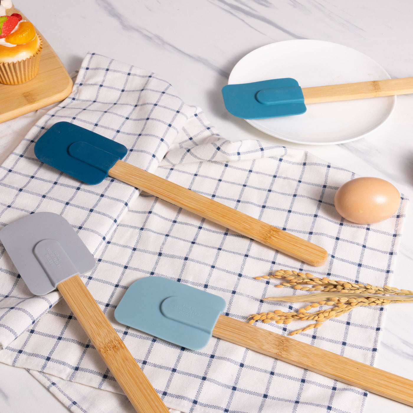 Silicone Spatulas Set 4 with Bamboo Handles, Blue, for Cooking, Mixing, Serving and Nonstick Cookware