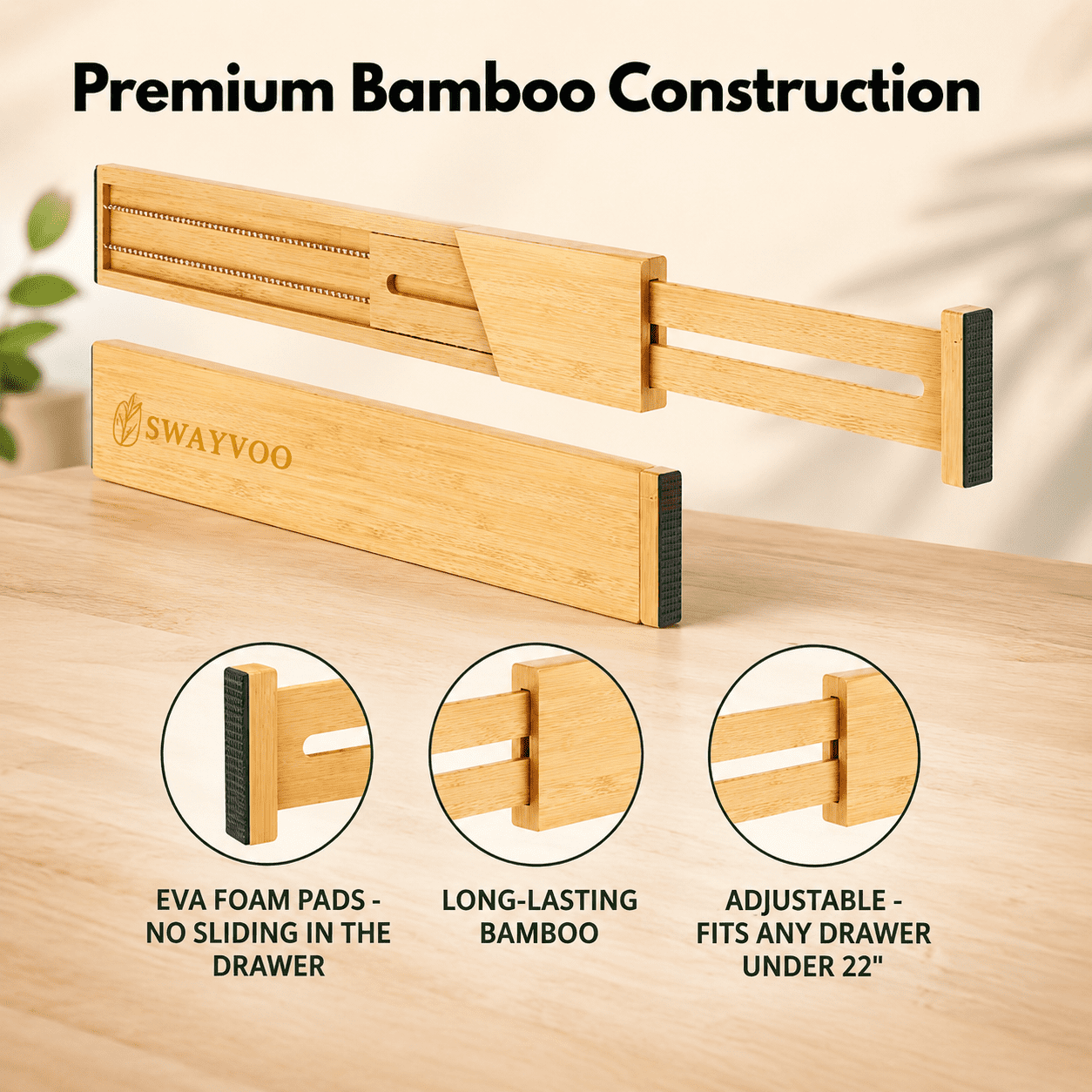 Bamboo Drawer Dividers, 4-Pack Adjustable Drawer Organizer Separators for Kitchen, Bedroom, Bathroom, Cabinet, Office and Dresser Storage (17–22"