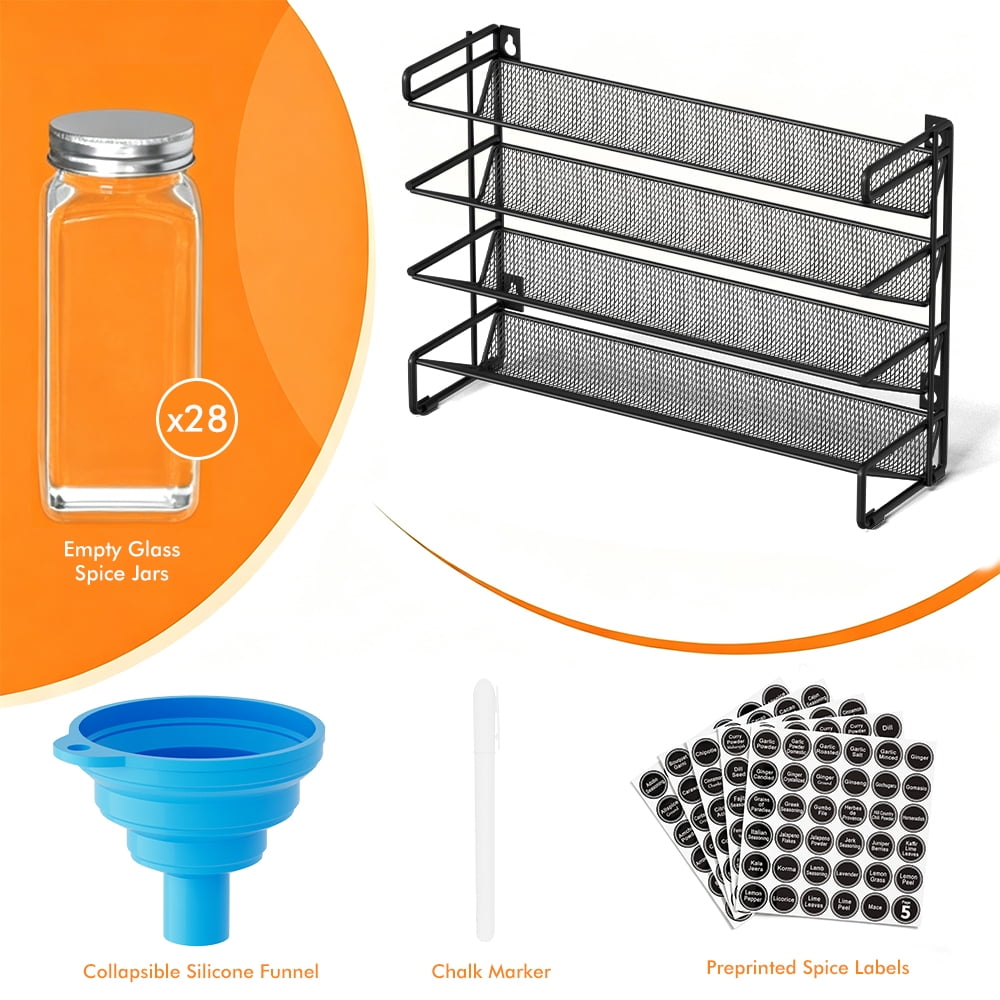 Spice Rack Organizer with 28 Jars, Black, Countertop or Wall Mount, for Pantry Organization, Meal Prep and Dry Food Storage