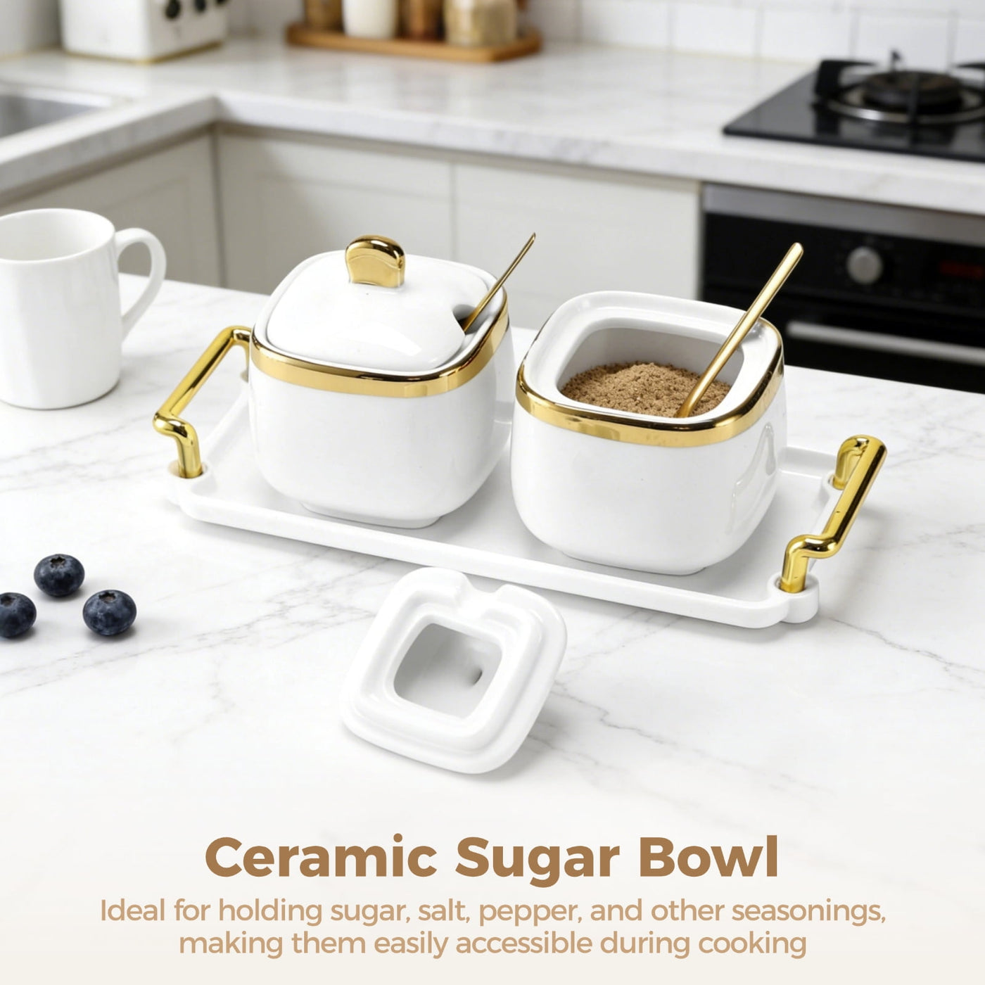 2-Piece Ceramic Sugar Bowl Set with Tray, 12 Oz Spice Container, Salt Bowl with Lid and Spoon, Modern Seasoning Storage Jar for Home and Kitchen