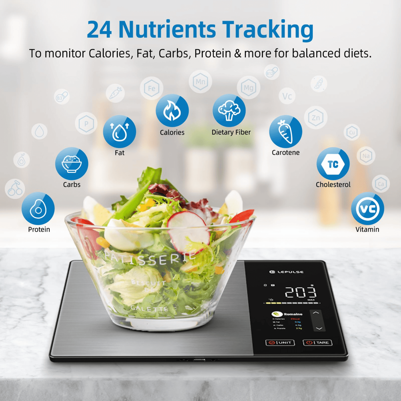 Food Scale with Nutritional Calculator, Smart Digital Kitchen Scale for Weight Loss, App with 23 Nutrients Tracking, Calorie, Fat, Carbs