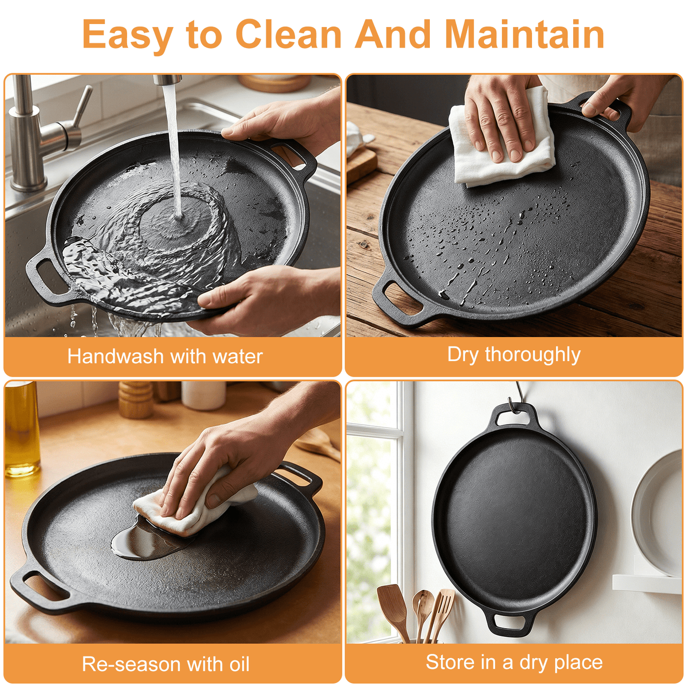 Round Cast Iron Skillet, Taimasi 12'' Pre-seasoned Cast Iron Frying Pan with Dual Handle, Oven Safe Pizza Pan for Grill, Bbq, Roasting