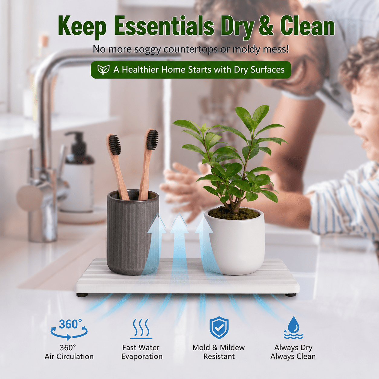 Diatomite Stone Soap Tray for Bathroom Sink and Kitchen Counter, Fast Drying Water Absorbing Sink Caddy Organizer with Anti-slip Feet