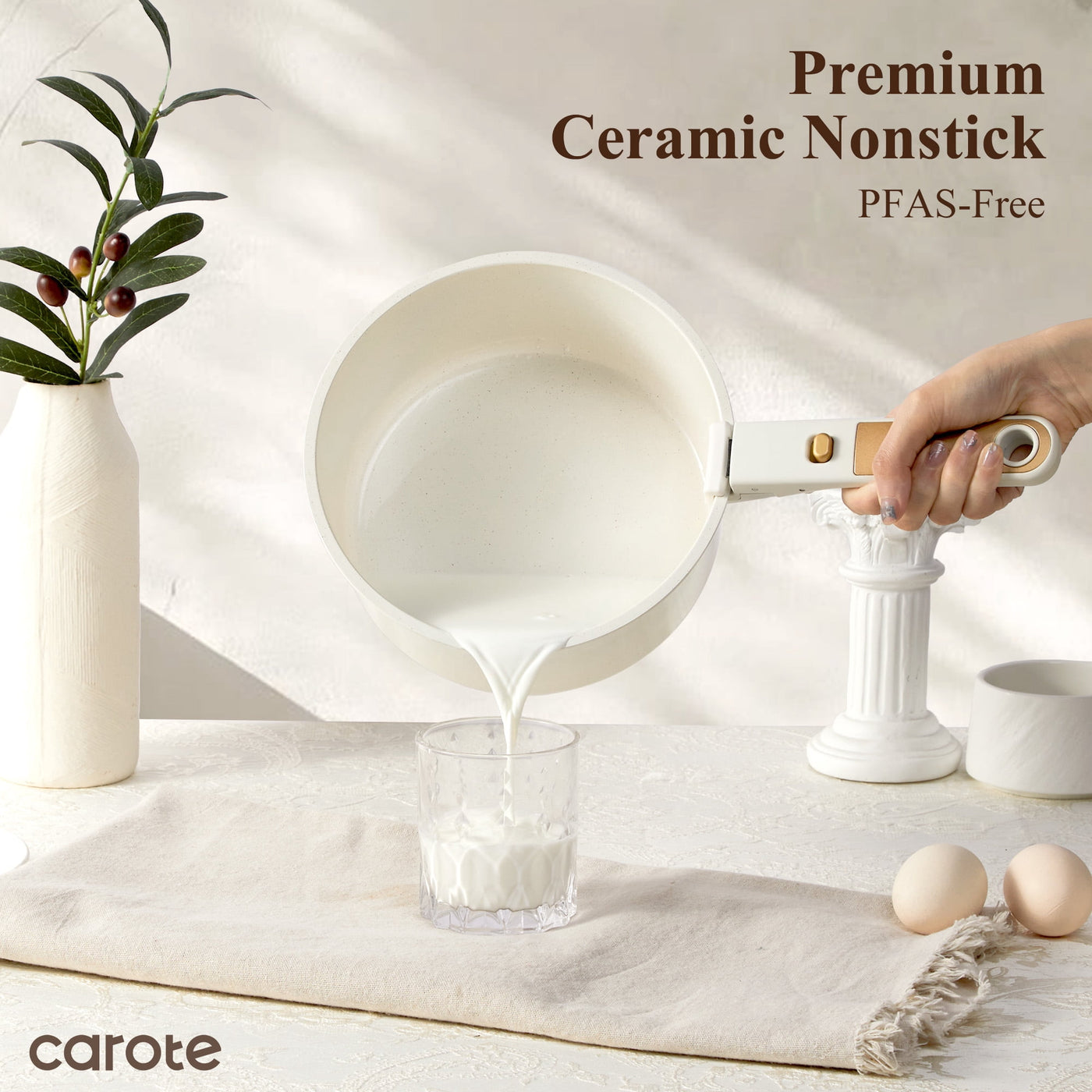 Ceramic Nonstick Cookware Set with Induction, 4-Piece Set with Detachable Saucepan and Lid, Oven Safe, Dishwasher Safe, Cream White