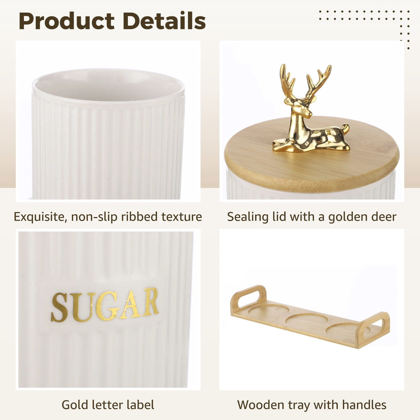3-Piece Ceramic Canister Set, Ribbed Storage Containers with Golden Deer Wooden Lids, Labeled Sugar Coffee Tea