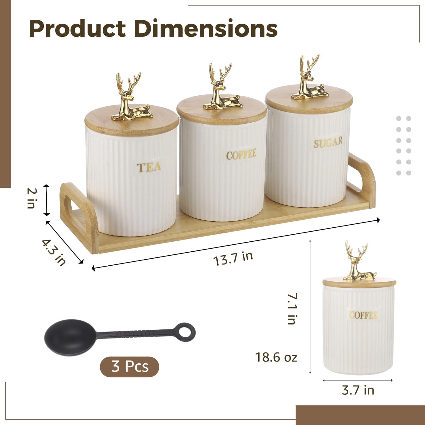 3-Piece Ceramic Canister Set, Ribbed Storage Containers with Golden Deer Wooden Lids, Labeled Sugar Coffee Tea