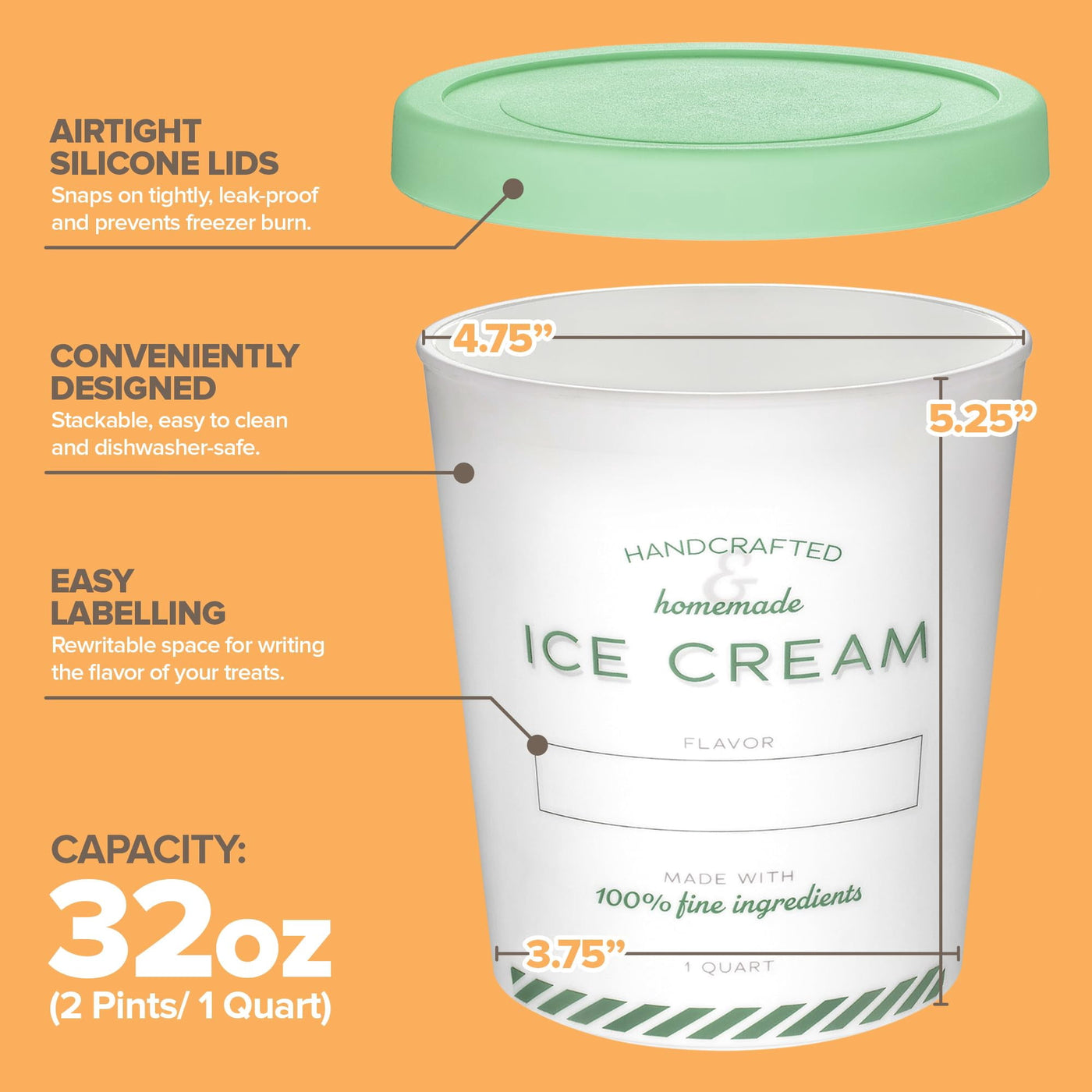 Stock Your Home 32oz Ice Cream Containers with Airtight Silicone Lids (2-pack) Reusable 2 Pint Ice Cream Container for Storing Gelato, Sorbet