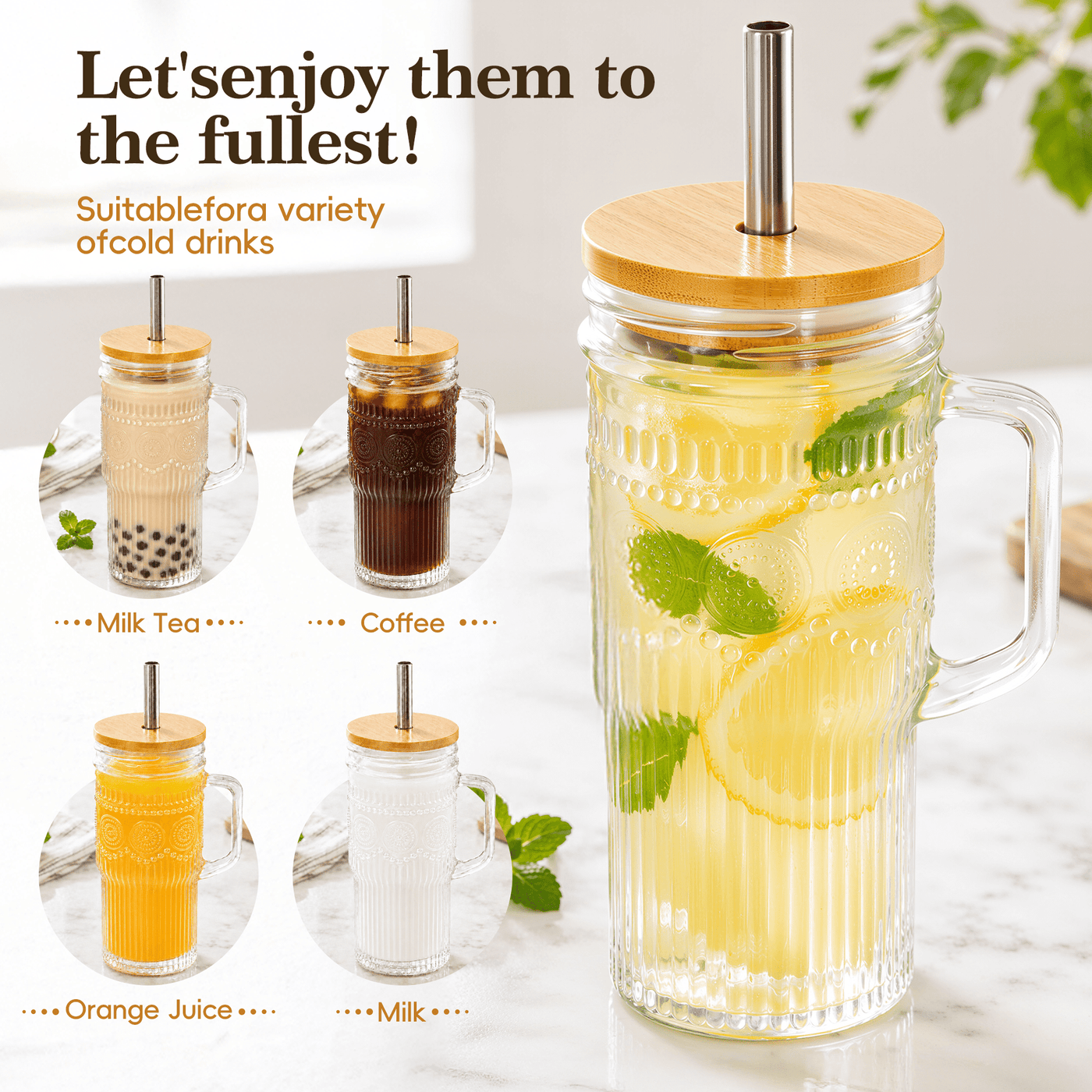 Va1kene 22oz 2-Piece Glass Tumbler with Lids and Straws Bohemian Glass Drinking Cups with Handle for Juice Tea Smoothies
