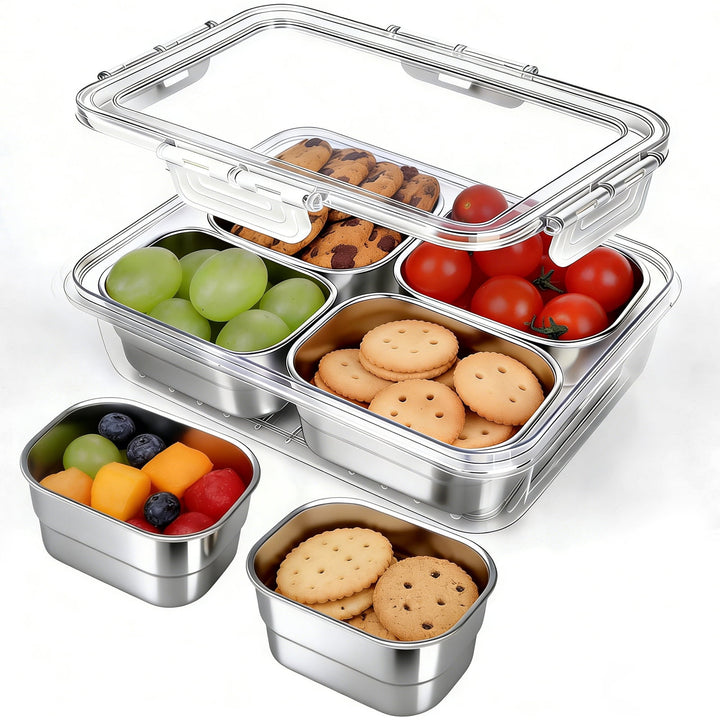 4‑Compartment Stainless Steel Snack Box with Lid, Food‑grade Divided Storage Container for Fruits, Nuts, Spices, and Meal Prep