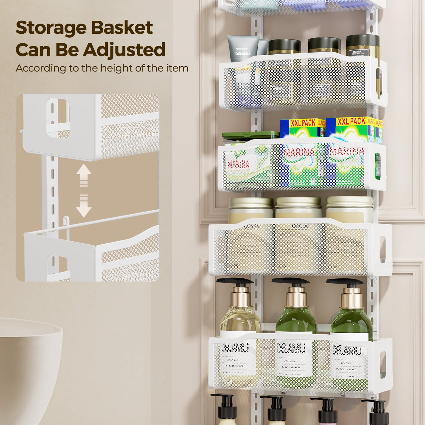 8-Tier Over The Door Pantry Organizer, Delamu Heavy-duty Metal with 8 Baskets, Hanging Storage and Organization for Kitchen, Spice Rack 12in Width