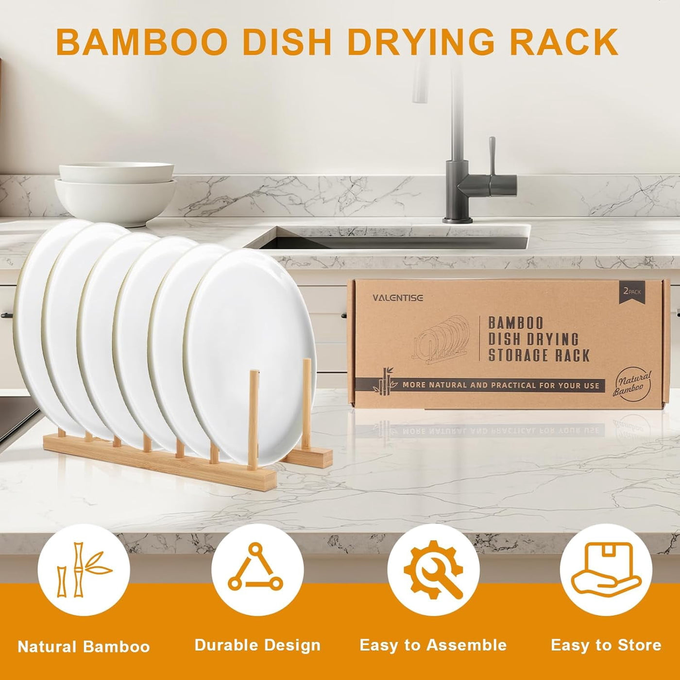 2-Pack Bamboo Dish Drying Rack, Natrual Wooden Plate Rack Holder, Kitchen Storage Organizer for Dish, Plate and Cutting Board