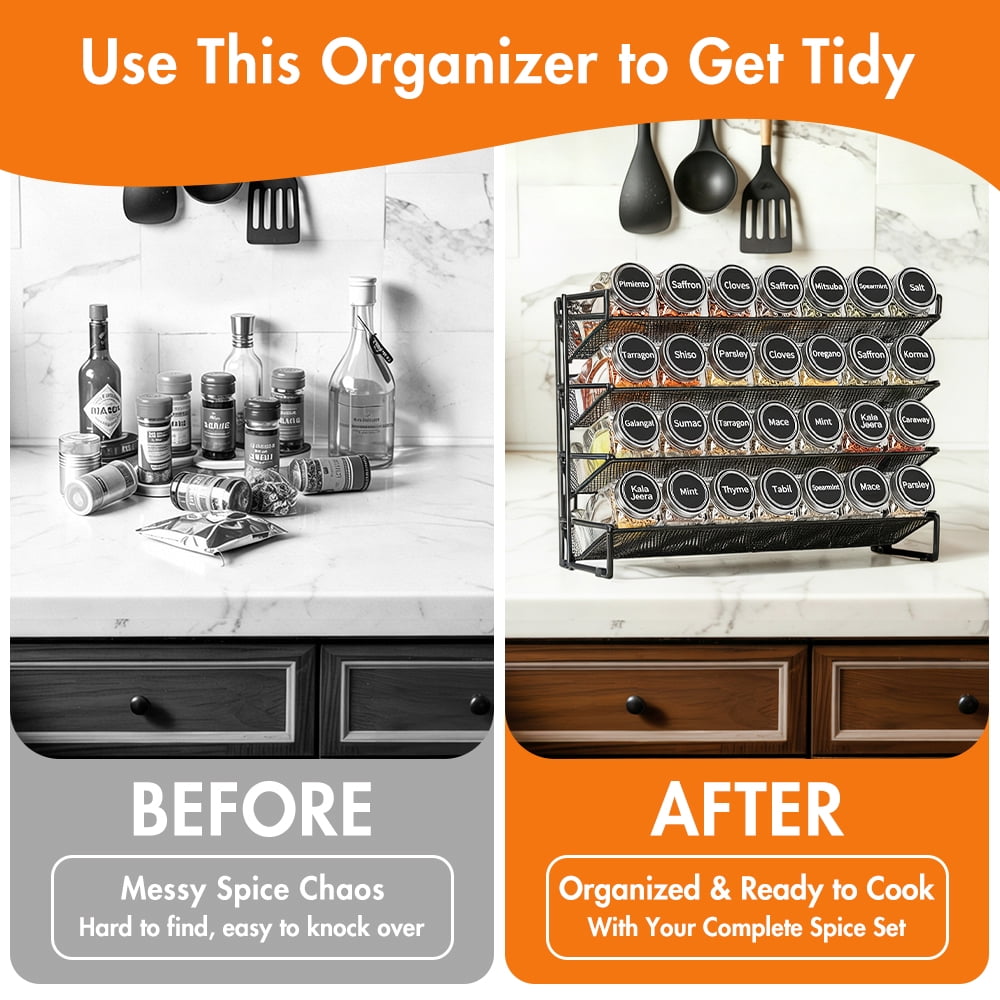 Spice Rack Organizer with 28 Jars, Black, Countertop or Wall Mount, for Pantry Organization, Meal Prep and Dry Food Storage