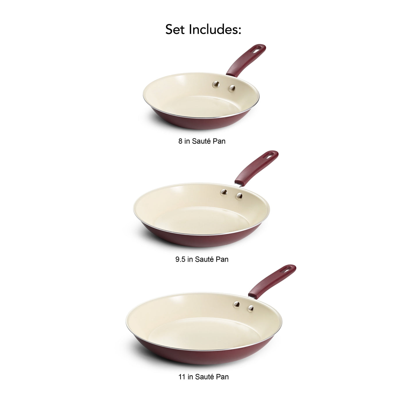 Ceramaware 3-Pack Ceramic Nonstick Fry Pan Set (8-inch, 9.5-Inch and 11-Inch) Wine, for Everyday Home Kitchen Cooking, Storage and Organization