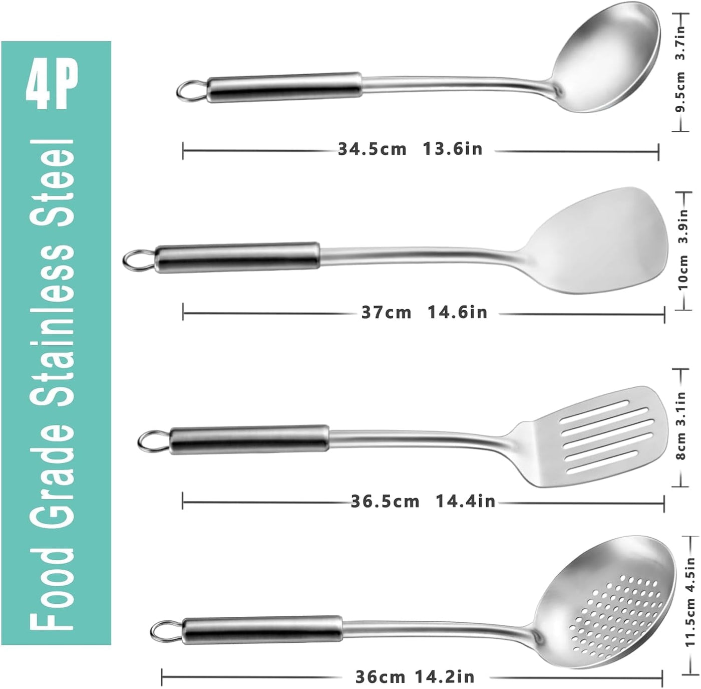 4-Piece Cooking Utensils Set, 304 Stainless Steel Kitchen Utensils, Include Wok Ladle, Slotted Spoon, Wok Spatula and Slotted Spatula, Dishwasher Safe