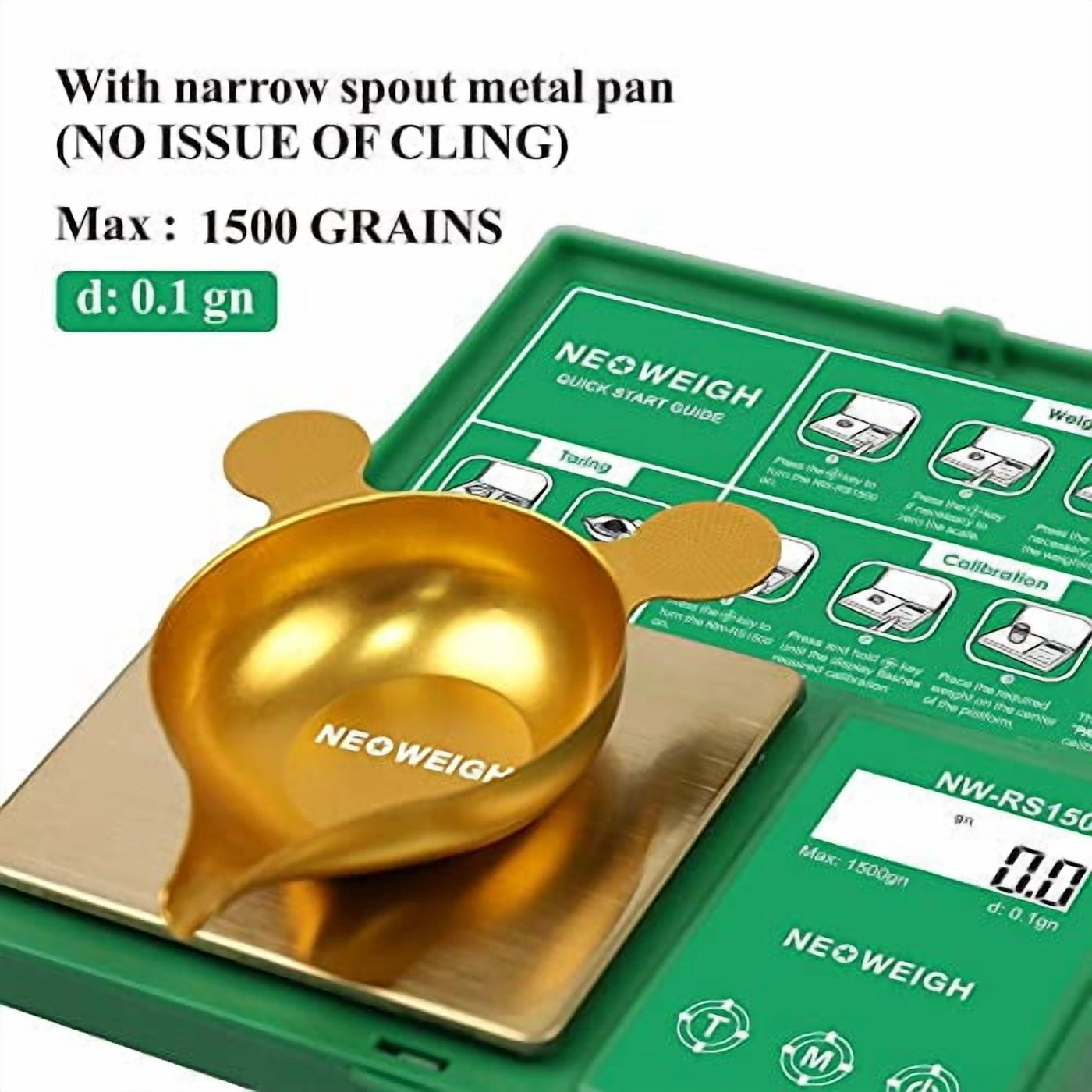 Digital Reloading Powder Scale, 1500 Grains/0.1gn and 100g/0.01g, Metal Pan, Scoop, 50g Cal Weight (batteries Included)