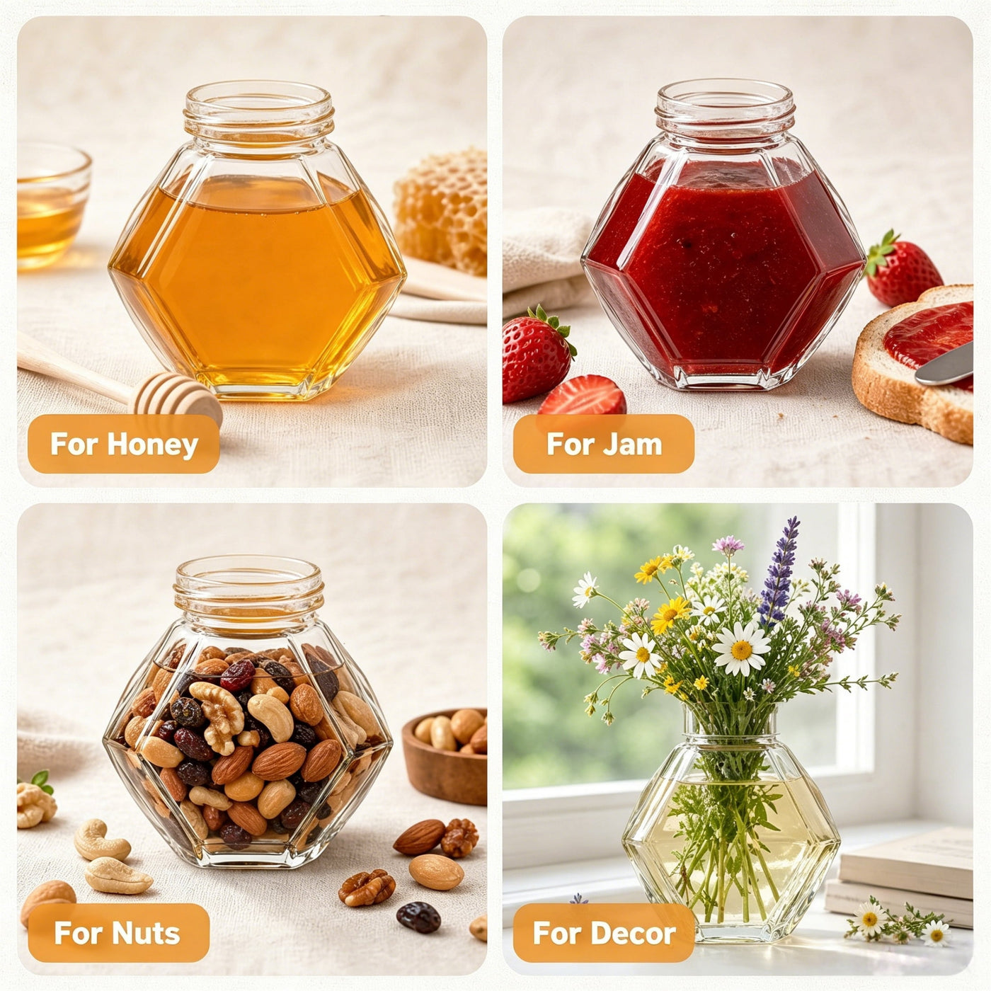 2-Piece Hexagonal Honey Jar Set Clear Glass Jars with Lids, for Pantry Organization, Meal Prep and Dry Food Storage
