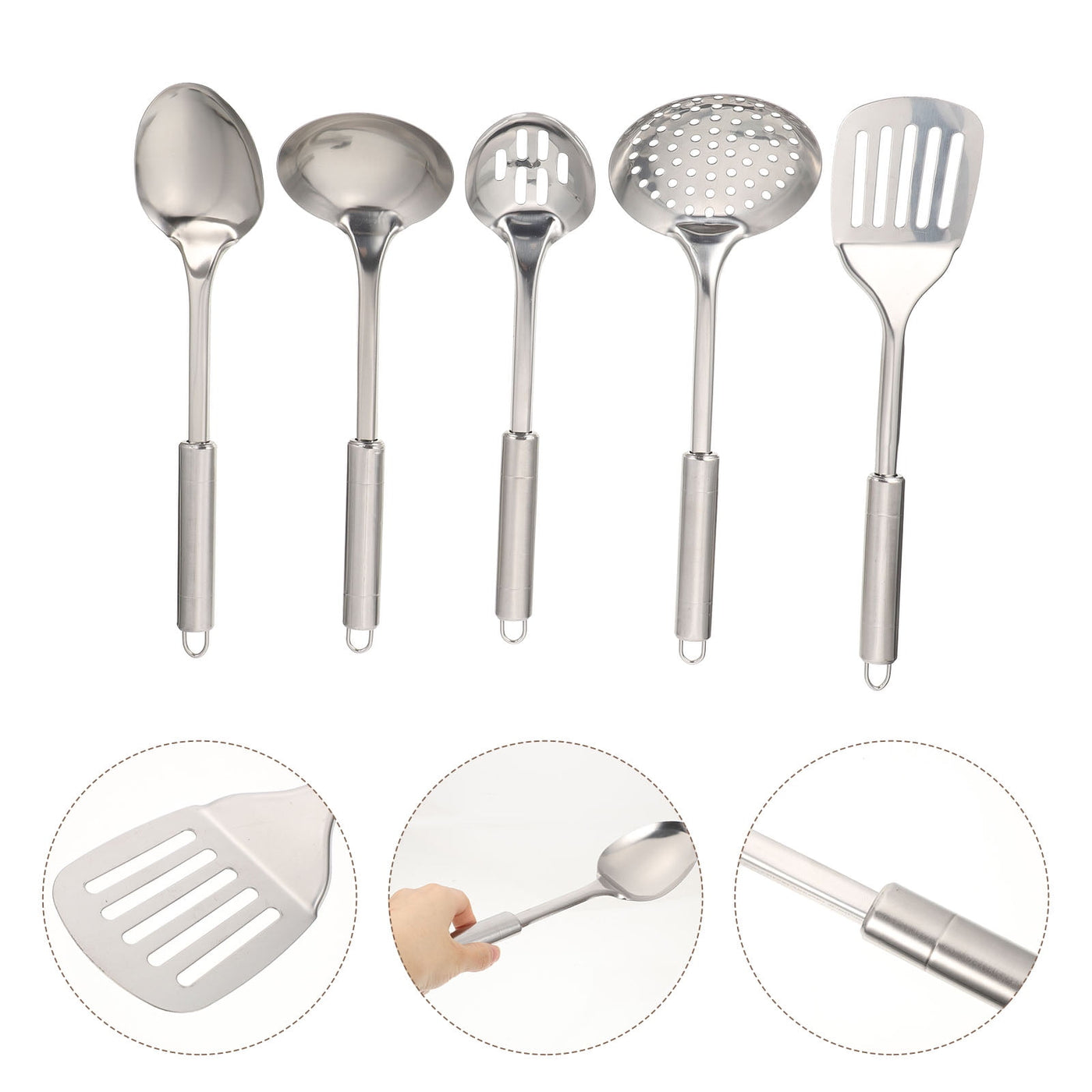 304 Stainless Steel Kitchen Utensil Set, 5-Piece, Ergonomic Stay-cool Hollow Handles, Dishwasher Safe, Silver