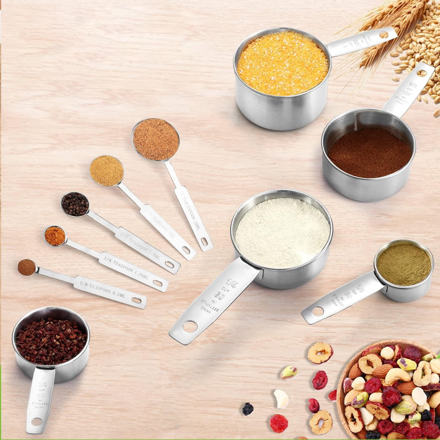 Measuring Cups and Spoons Set of 10, 5 Stainless Steel Cups and 5 Spoons for Kitchen Cooking Baking, for Cooking, Mixing