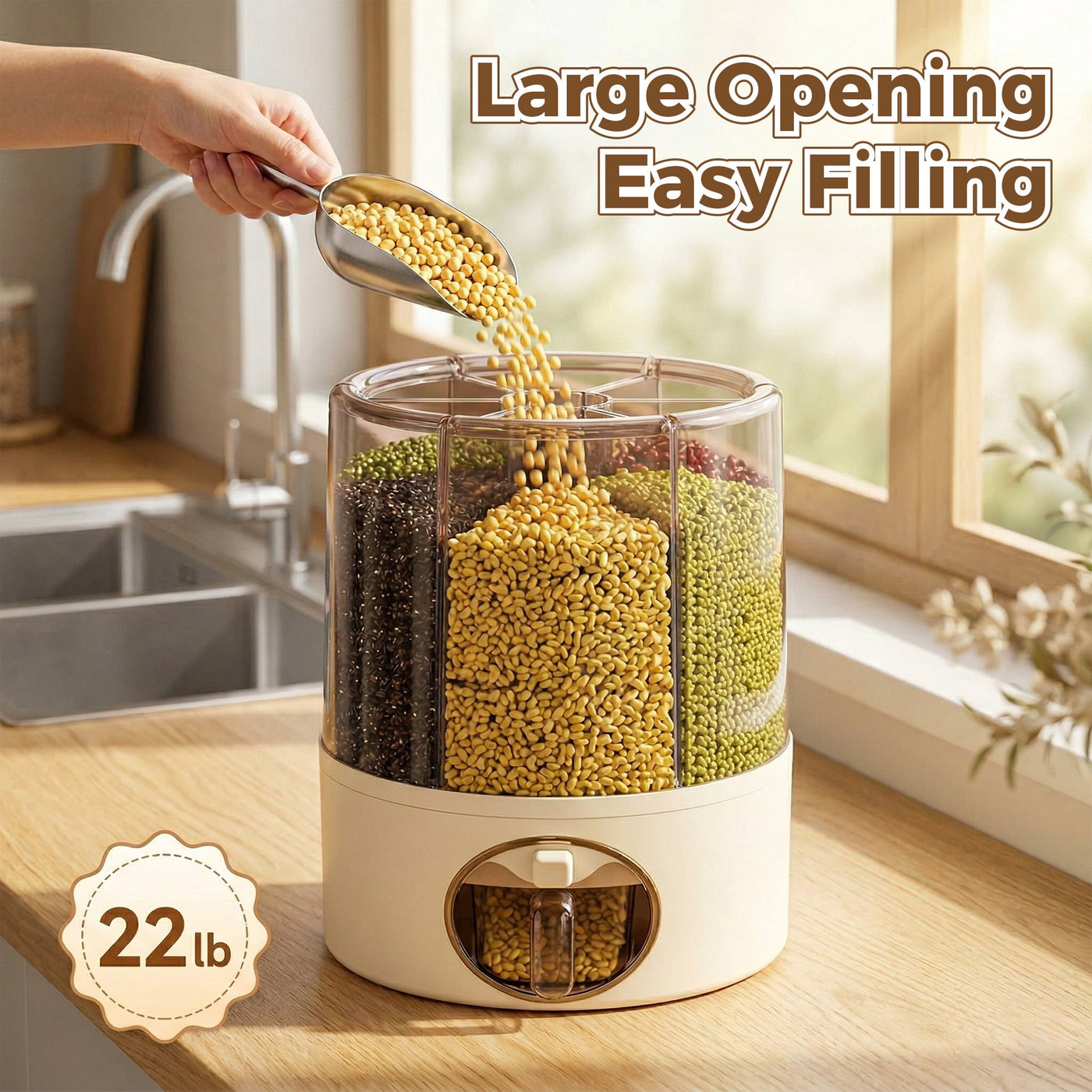 Riousery Rotating Grain and Rice Dispenser (holds 20+ Lbs), 6-Compartment Glass-like Clear Food Storage Container for Pantry Organization