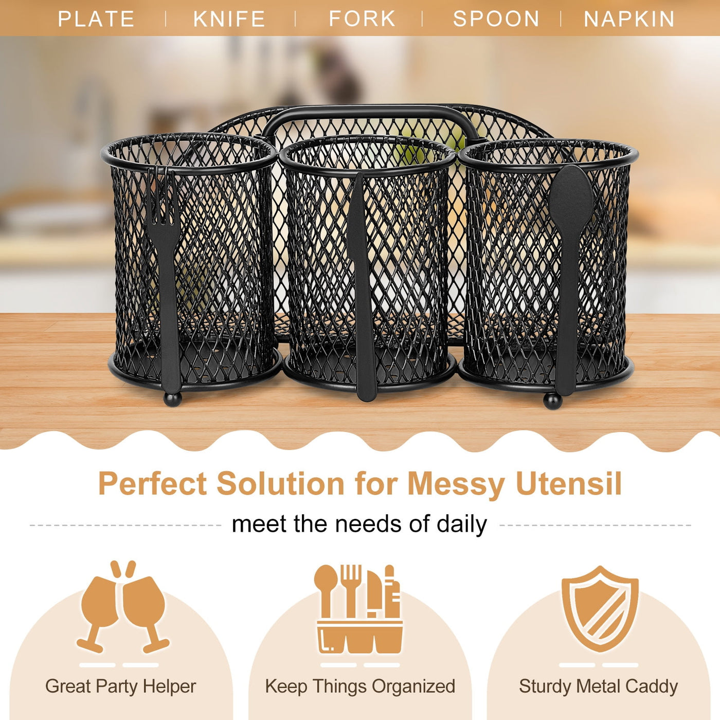 Caddy Silverware Holder, 4 Compartment Metal Mesh Cutlery Fork Spoon Napkin Plate Organizer Flatware Storage Basket Party Kitchen Countertop Buffet