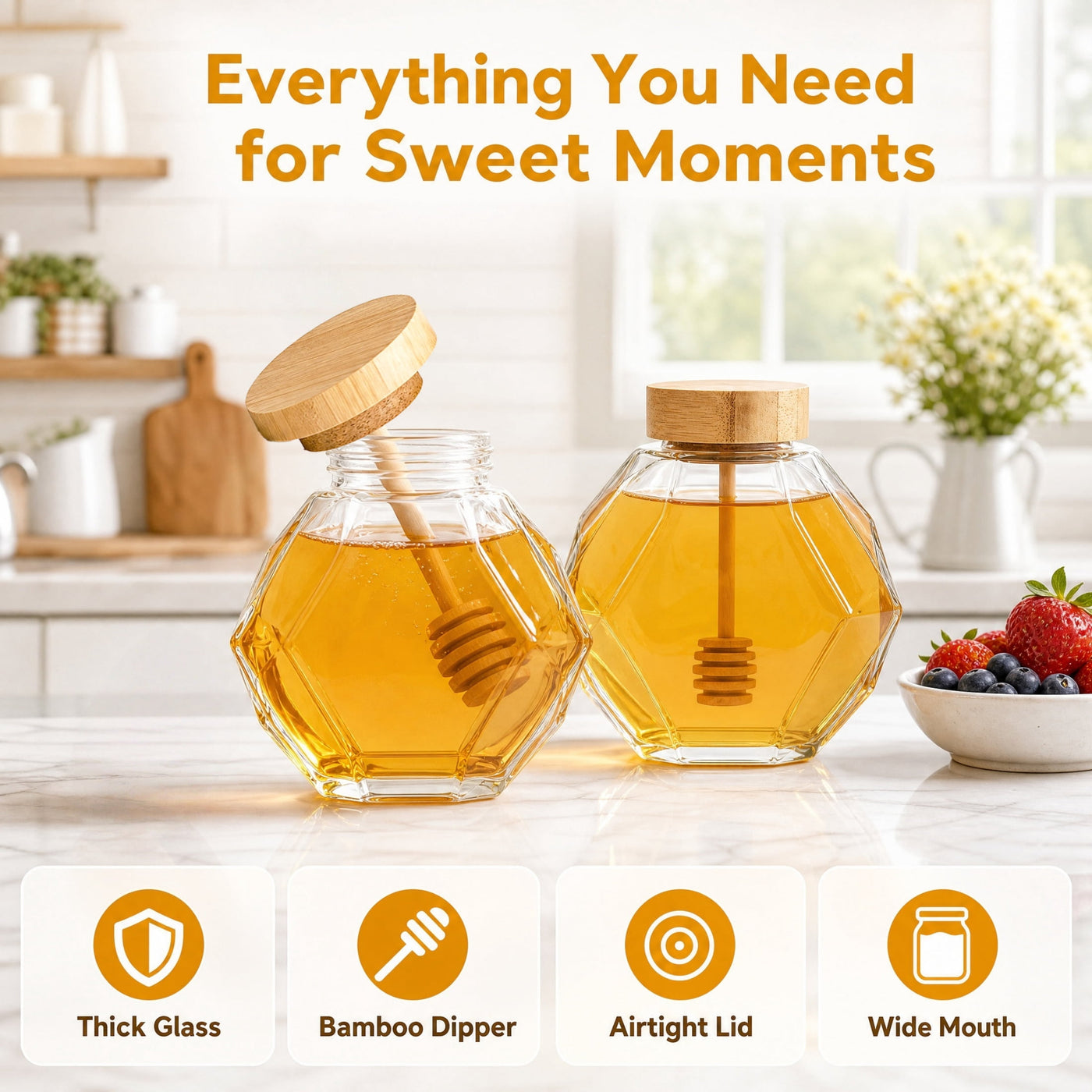 2-Piece Hexagonal Honey Jar Set Clear Glass Jars with Lids, for Pantry Organization, Meal Prep and Dry Food Storage