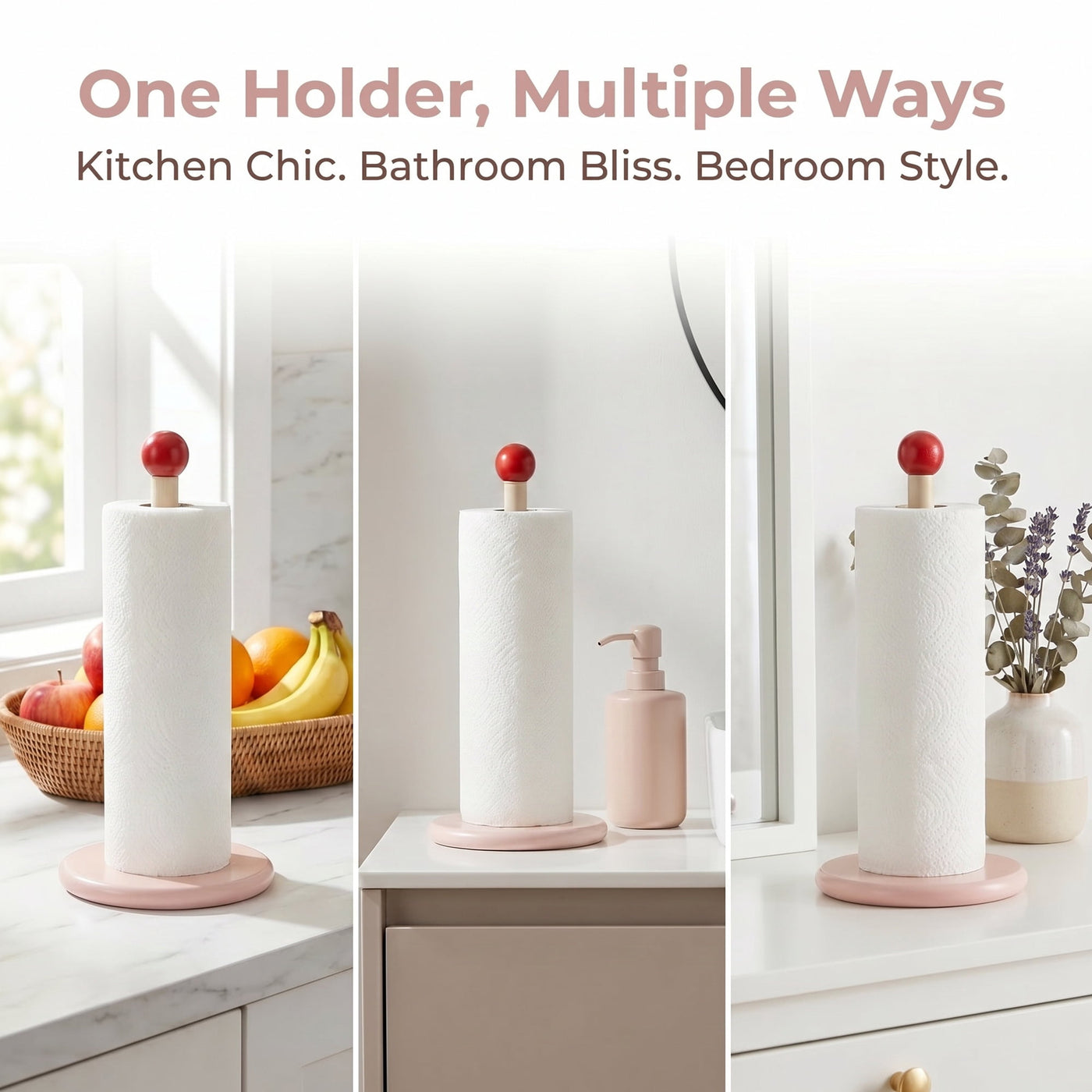 Paper Towel Holder Countertop Weighted Base Dispenser Wood Pink 12x5.9in, for Drying Dishes, Wiping Counters and Everyday Kitchen Cleaning