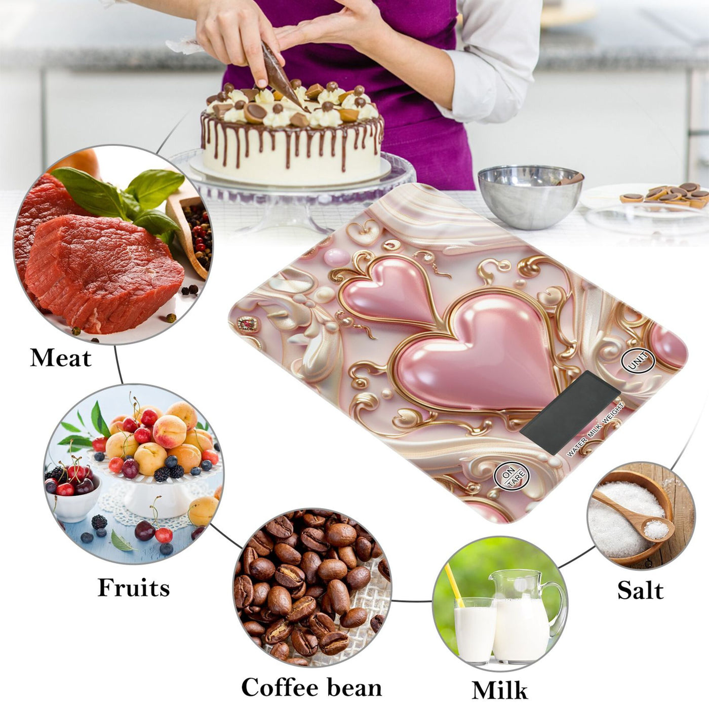 3d Hearts and Pearls Food Scale Digital Kitchen Scale Waterproof Tempered Glass Tare Function 11 Lb for Baking Cooking Meal Prep