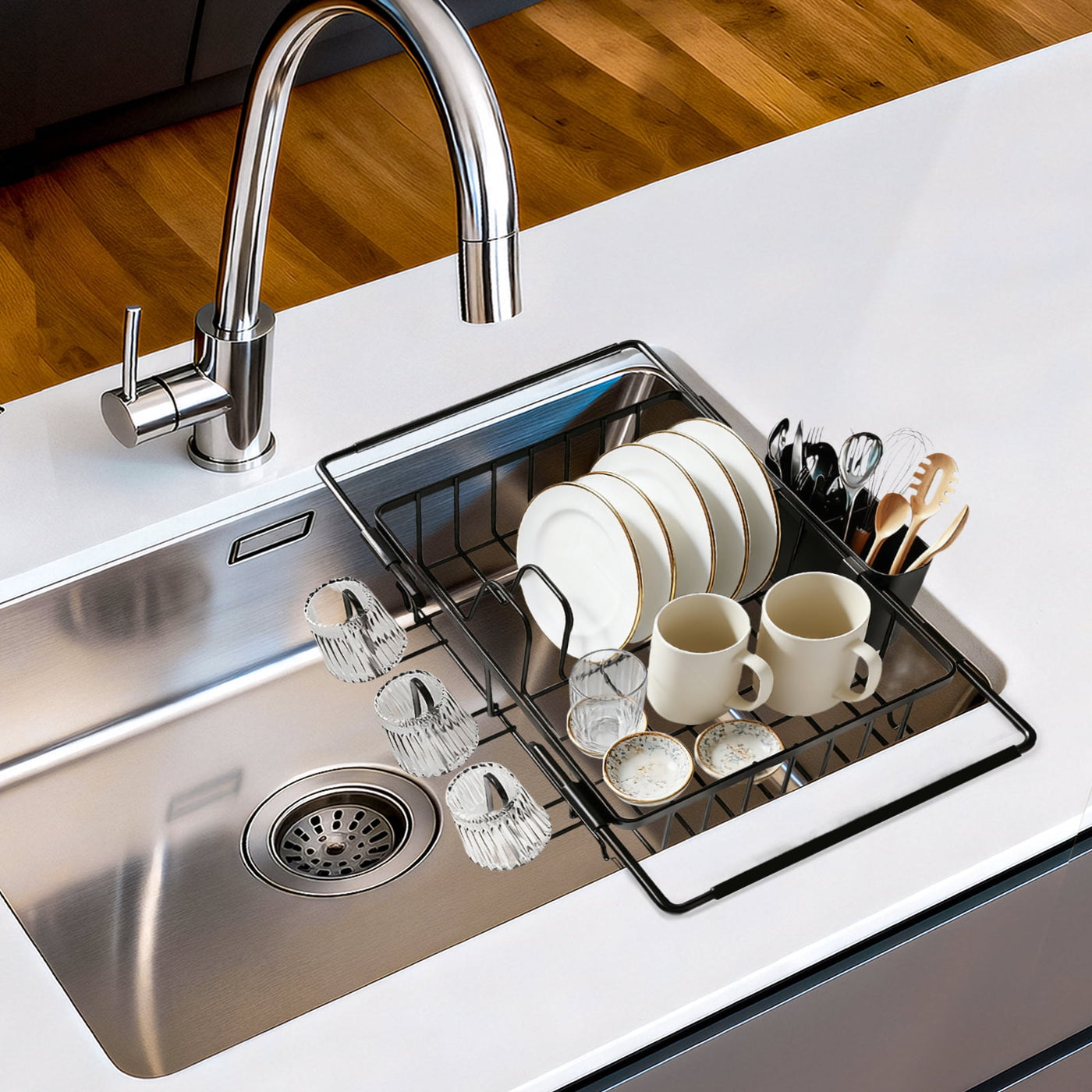 Dish Drying Rack in Sink, Expandable Stainless Steel Dish Rack Over The Sink, Kitchen Sink Drain Strainer with Cutlery Holder and Cup Holders