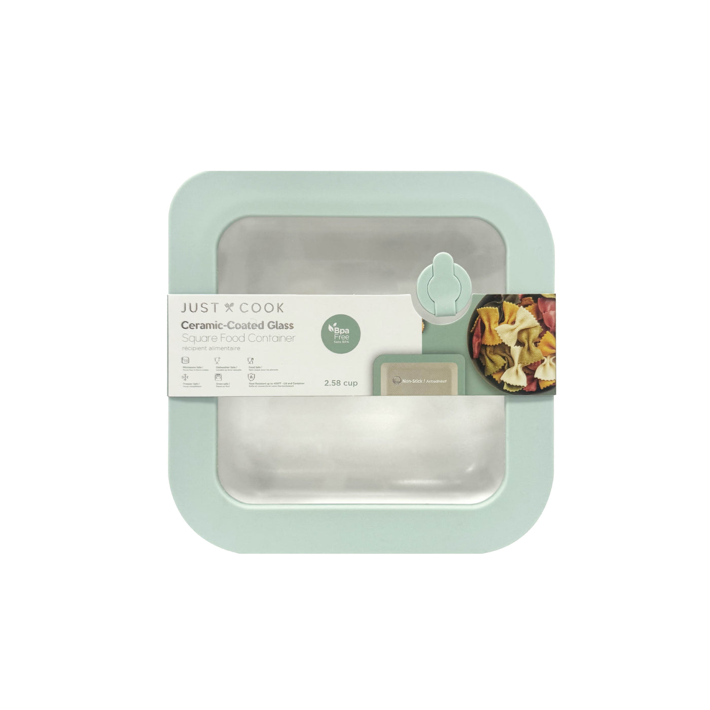 Just Cook Ceramic Glass 2.5-Cup Square Food Storage Container for Meal Prep and Leftovers, Small, for Pantry Organization