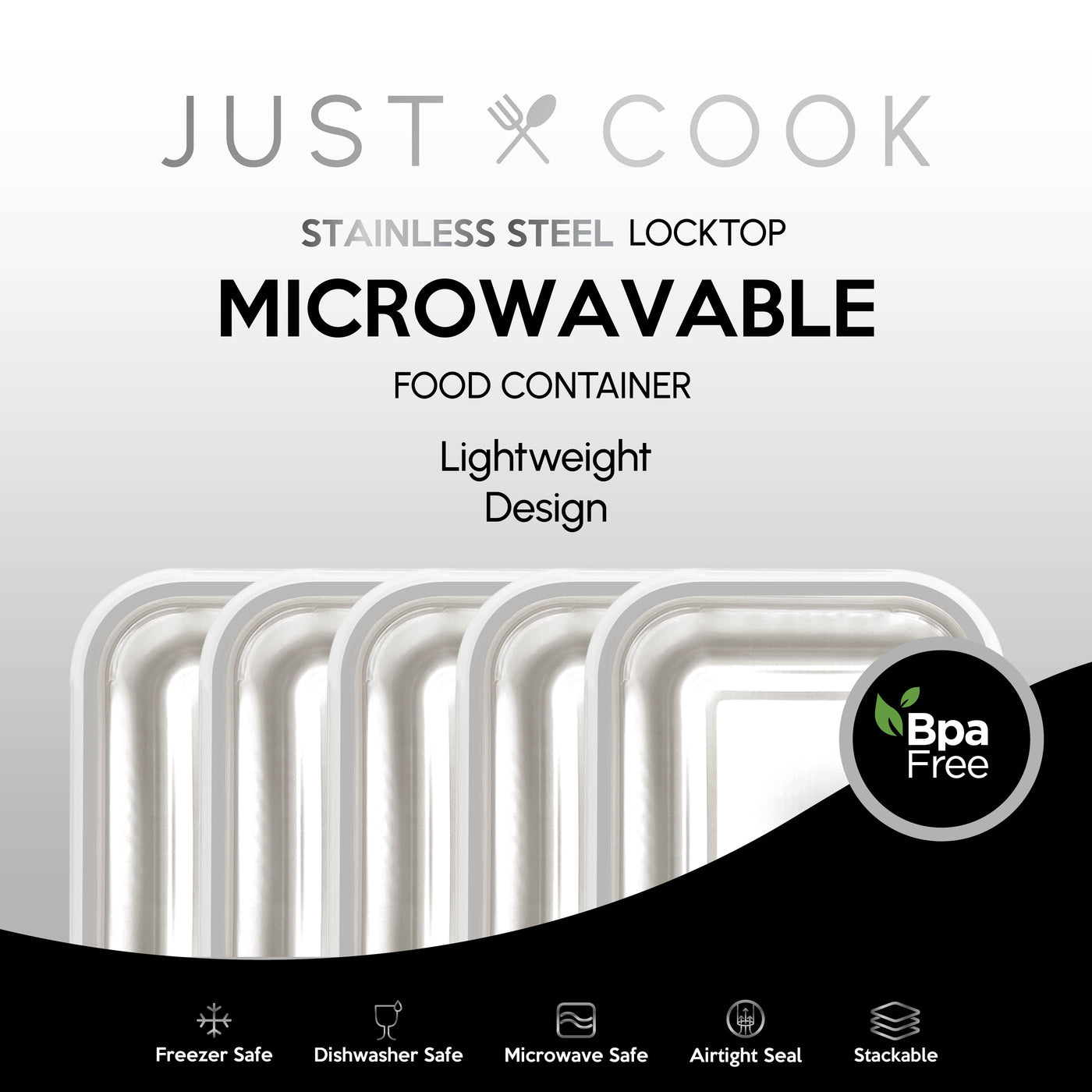 Just Cook Stainless Steel Food Storage Container Set for Meal Prep and Batch Cooking, 10-Pack, for Pantry Organization, Meal Prep and Dry Food Storage