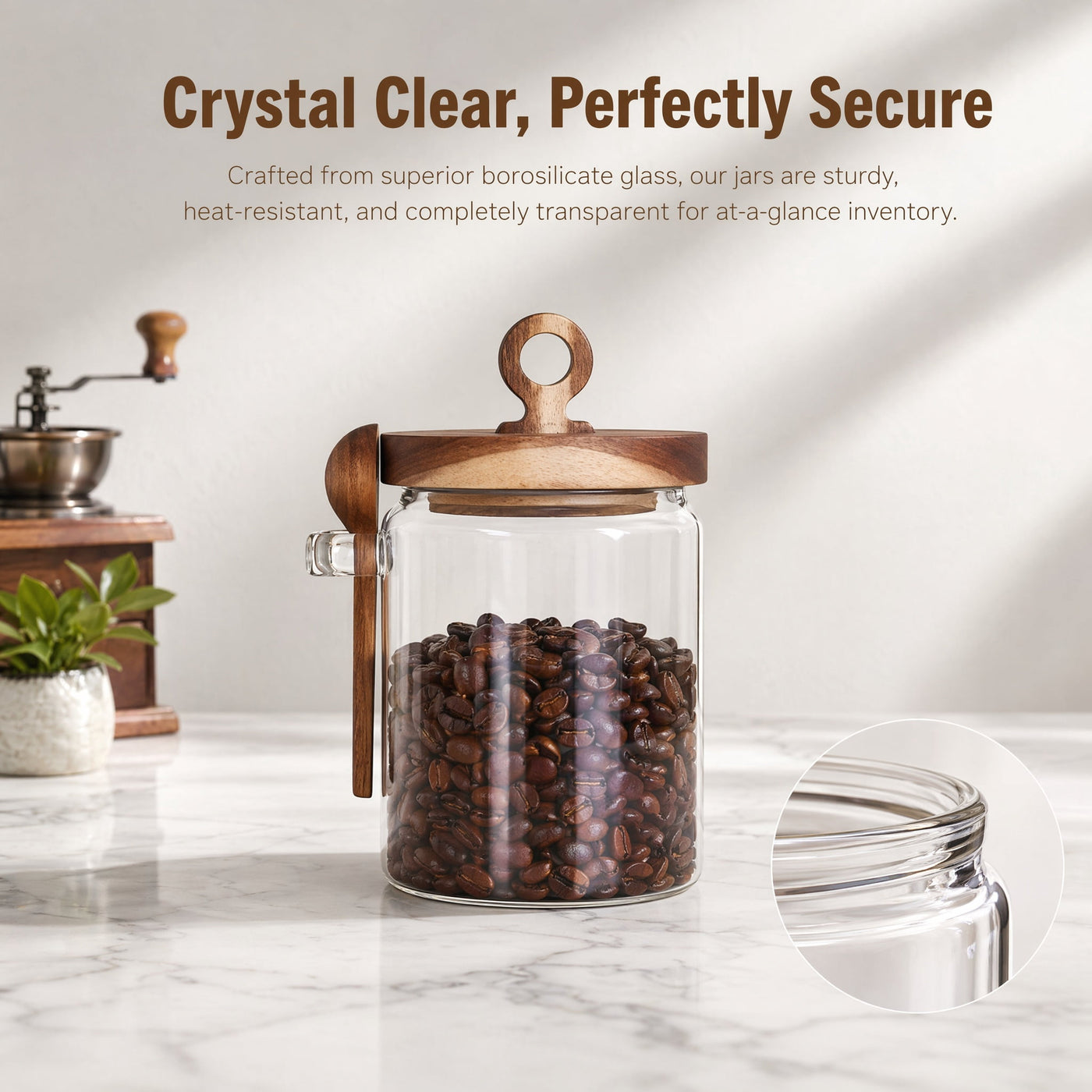 3-Pack Glass Coffee Storage Jars with Pull Ring Wooden Lids and Attached Spoons, Airtight Clear Glass Canisters with Wood Scoop Holder for Coffee