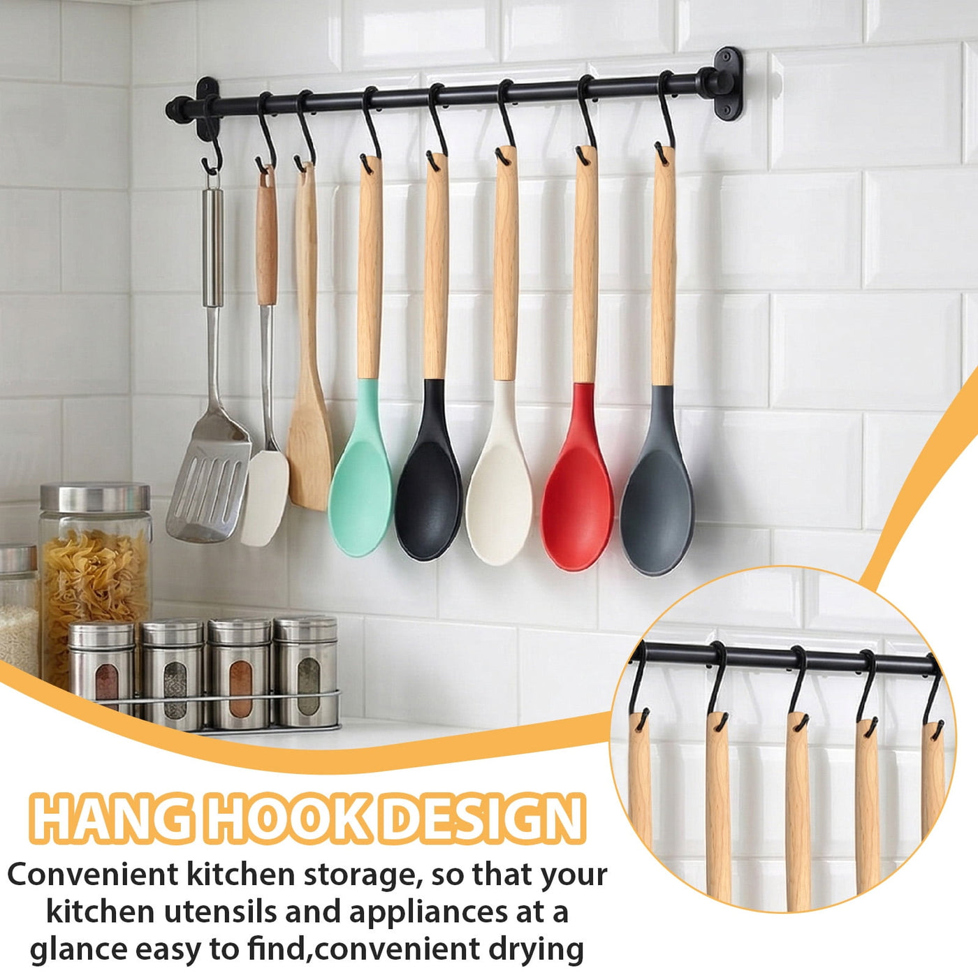 5-Pack Silicone Nonstick Stirring Spoon, 12" Rubber Spoon Wooden Handle Spoons for Baking Cooking and Mixing, Kitchen Serving Spoons
