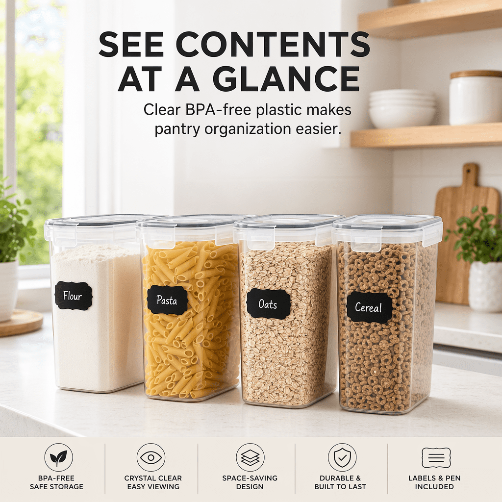 Airtight Food Storage Containers with Lids, 4-Piece BPA-FREE Plastic Meal Prep Containers and Kitchen Pantry Organization Canisters for Cereal