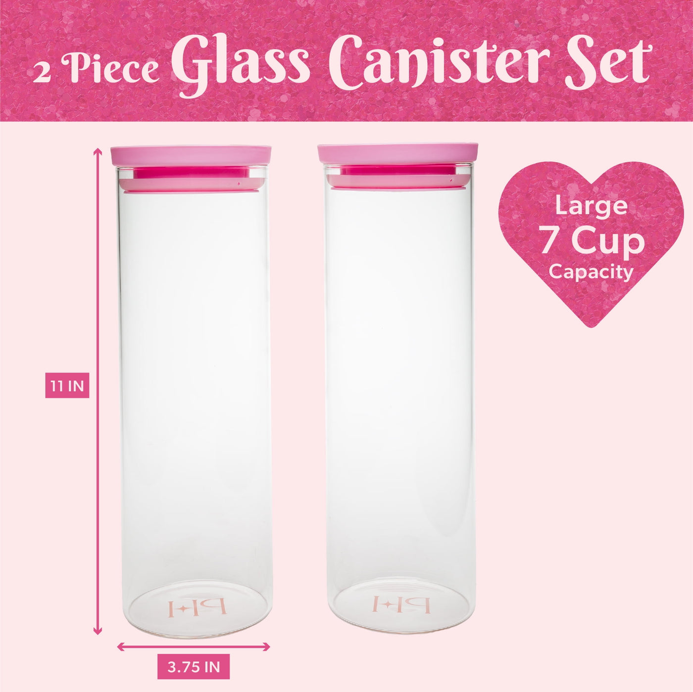 2-Piece Glass Food Storage Canister Set with Lids, Kitchen Containers for Flour, Sugar, and Pasta, 7 Cup Capacity, Pink