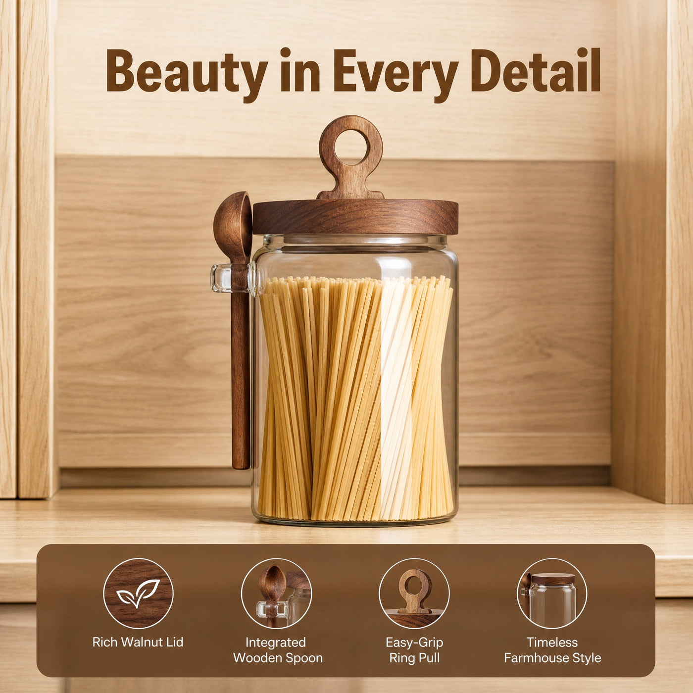 3-Pack Glass Coffee Storage Jars with Pull Ring Wooden Lids and Attached Spoons, Airtight Clear Glass Canisters with Wood Scoop Holder for Coffee