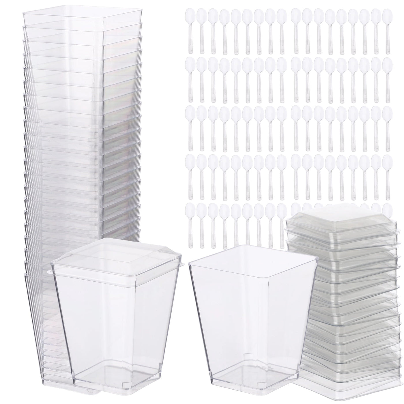 100-Piece Plastic Dessert Cups, 5 Oz Clear Square Parfait Cups with Lids and Spoons, Stylish Appetizer, Mini Food Containers for Yogurt, Pudding