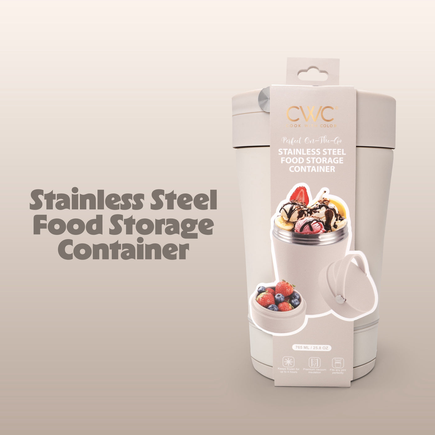 Cook with Color Insulated Ice Cream Holder or Soup Container with Toppings Compartment and Spoon, Taupe, Made for Portable Food Storage