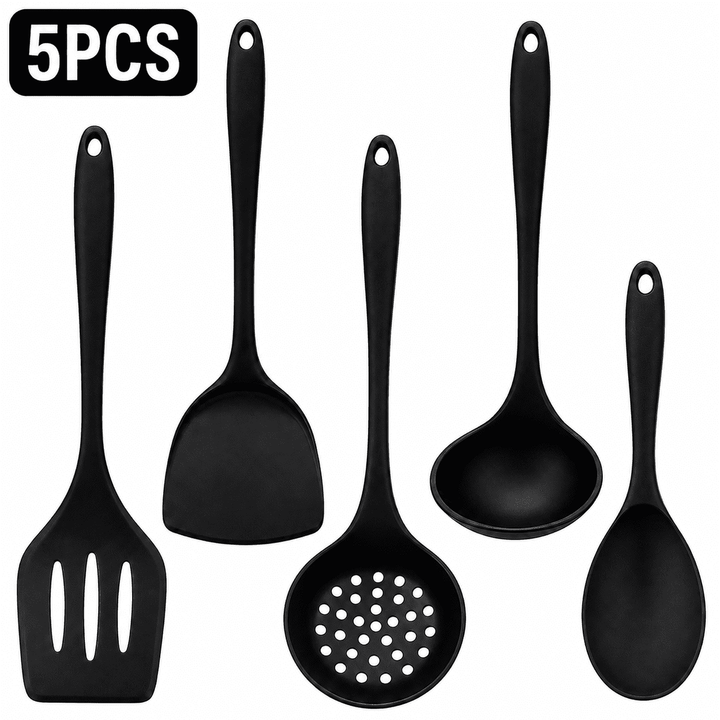 Silicone Spatula Set, 5-Piece Black Cooking Utensils Set with Turner, Spoon and Ladle, Heat Resistant Kitchen Tools for Nonstick Cookware, Easy Clean