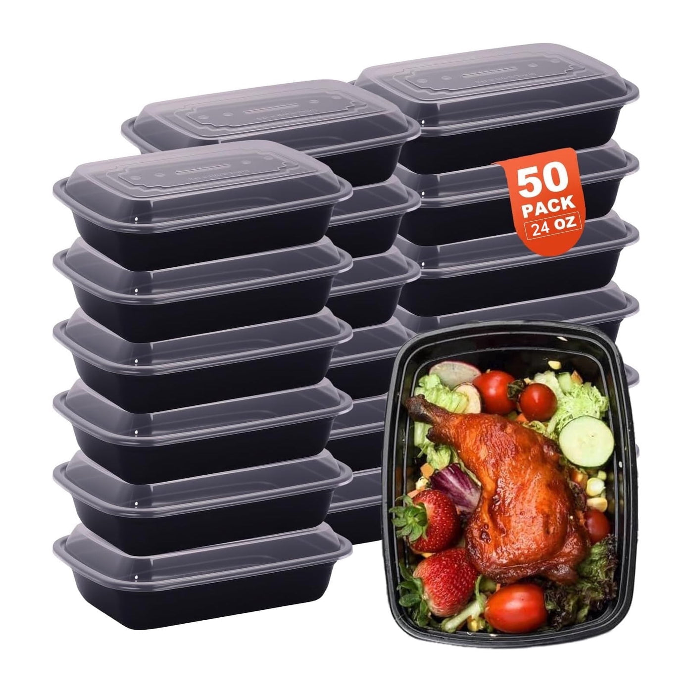 50 Packs Black Meal Prep Containers Reusable, Food Containers with Lids, to Go Container(24 Oz), for Pantry Organization